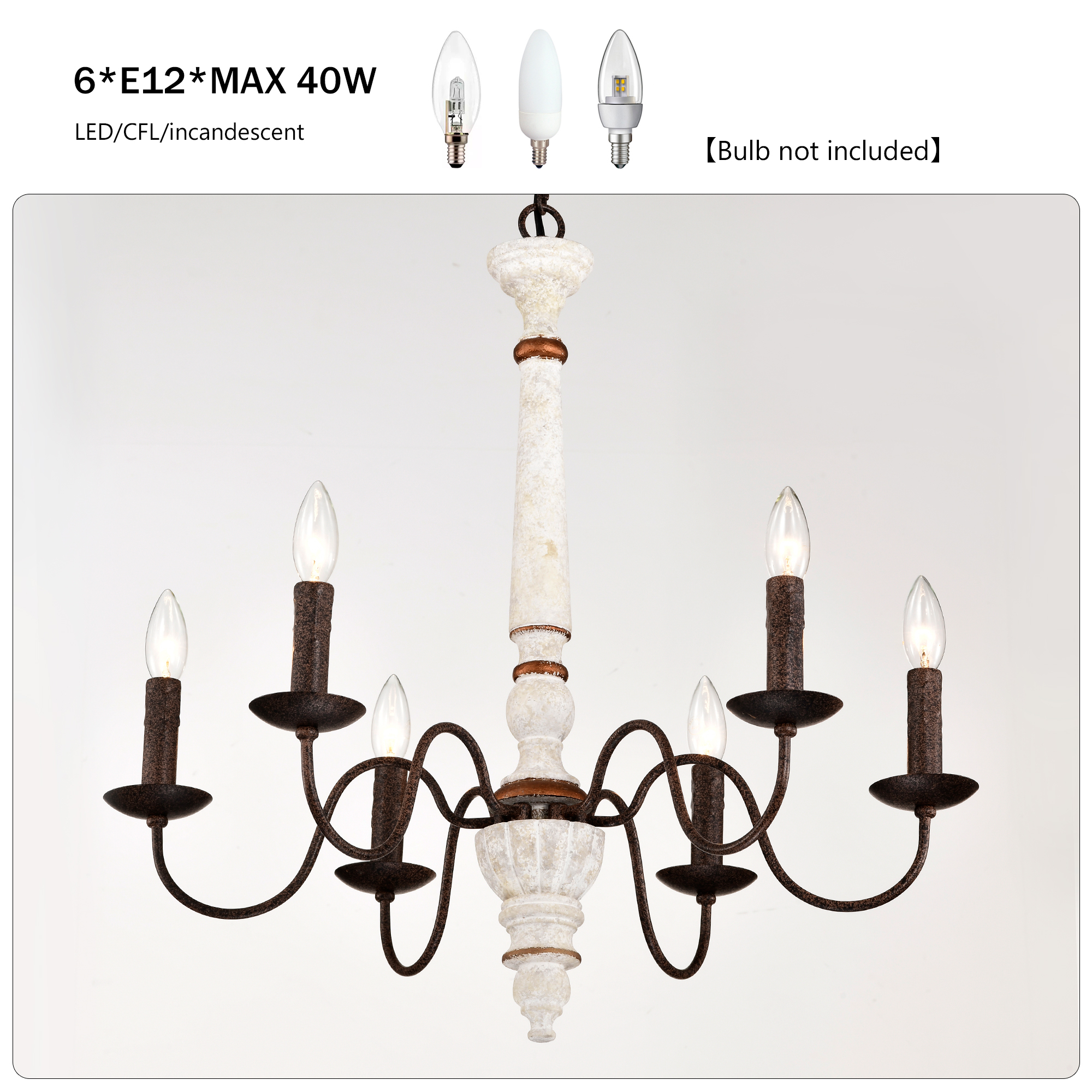 Anmytek Retro White and Rust Chandelier 6 Light E12 Pendant Light for Dining Room Kitchen Living Room