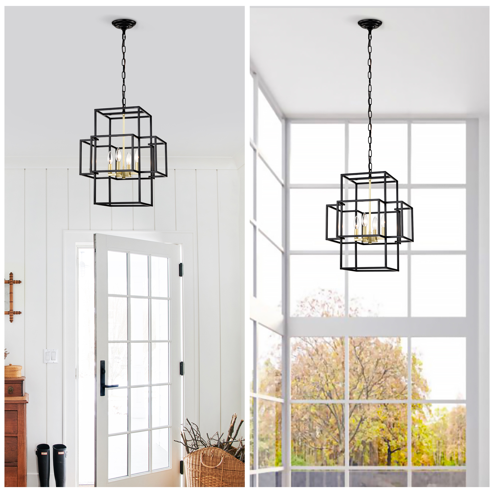 Anmytek 4‑Light Tiered Metal Lantern Chandelier Industrial Farmhouse Adjustable Height Hanging Light Fixture Matte Black Gold Finish for Dining Room Hallway Foyer Entryway Kitchen Island