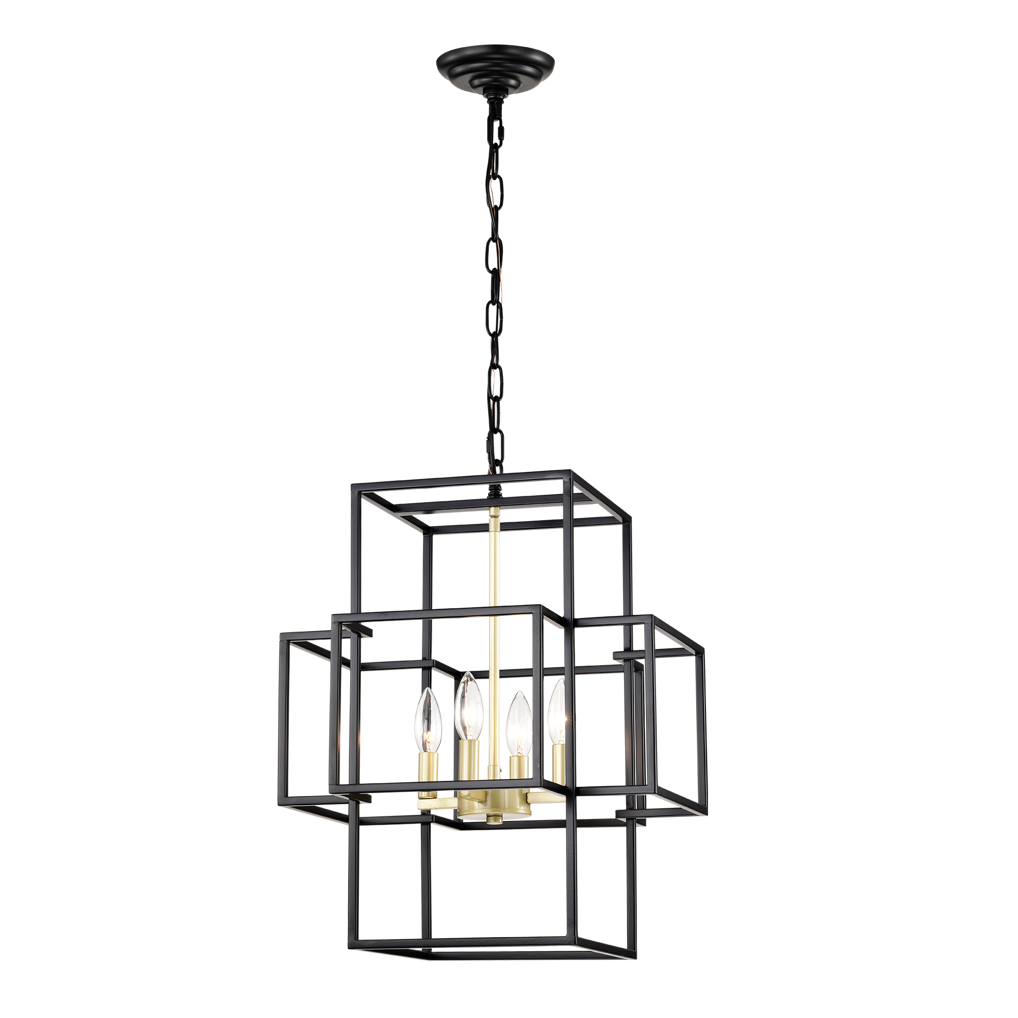 Anmytek 4‑Light Tiered Metal Lantern Chandelier Industrial Farmhouse Adjustable Height Hanging Light Fixture Matte Black Gold Finish for Dining Room Hallway Foyer Entryway Kitchen Island