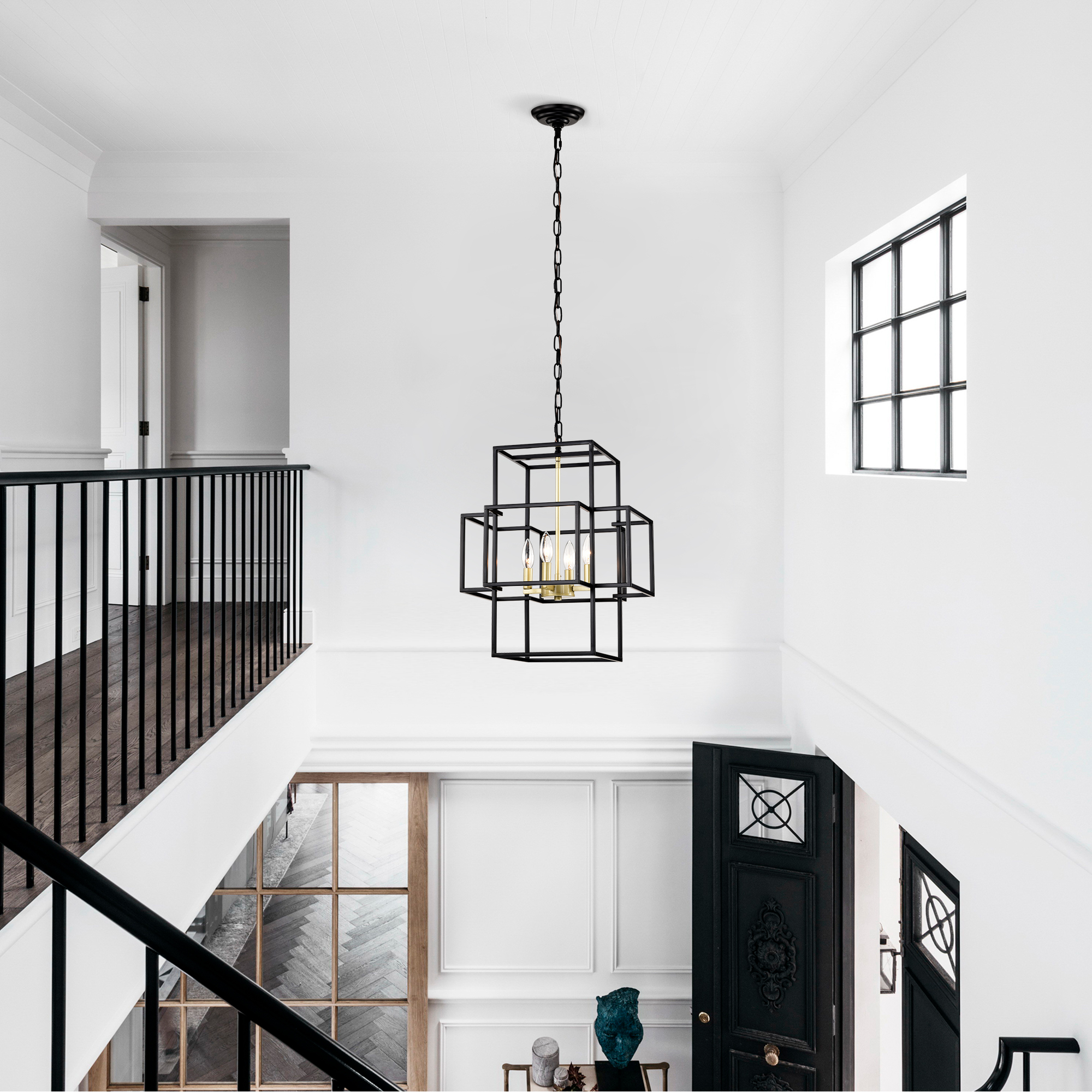 Anmytek 4‑Light Tiered Metal Lantern Chandelier Industrial Farmhouse Adjustable Height Hanging Light Fixture Matte Black Gold Finish for Dining Room Hallway Foyer Entryway Kitchen Island
