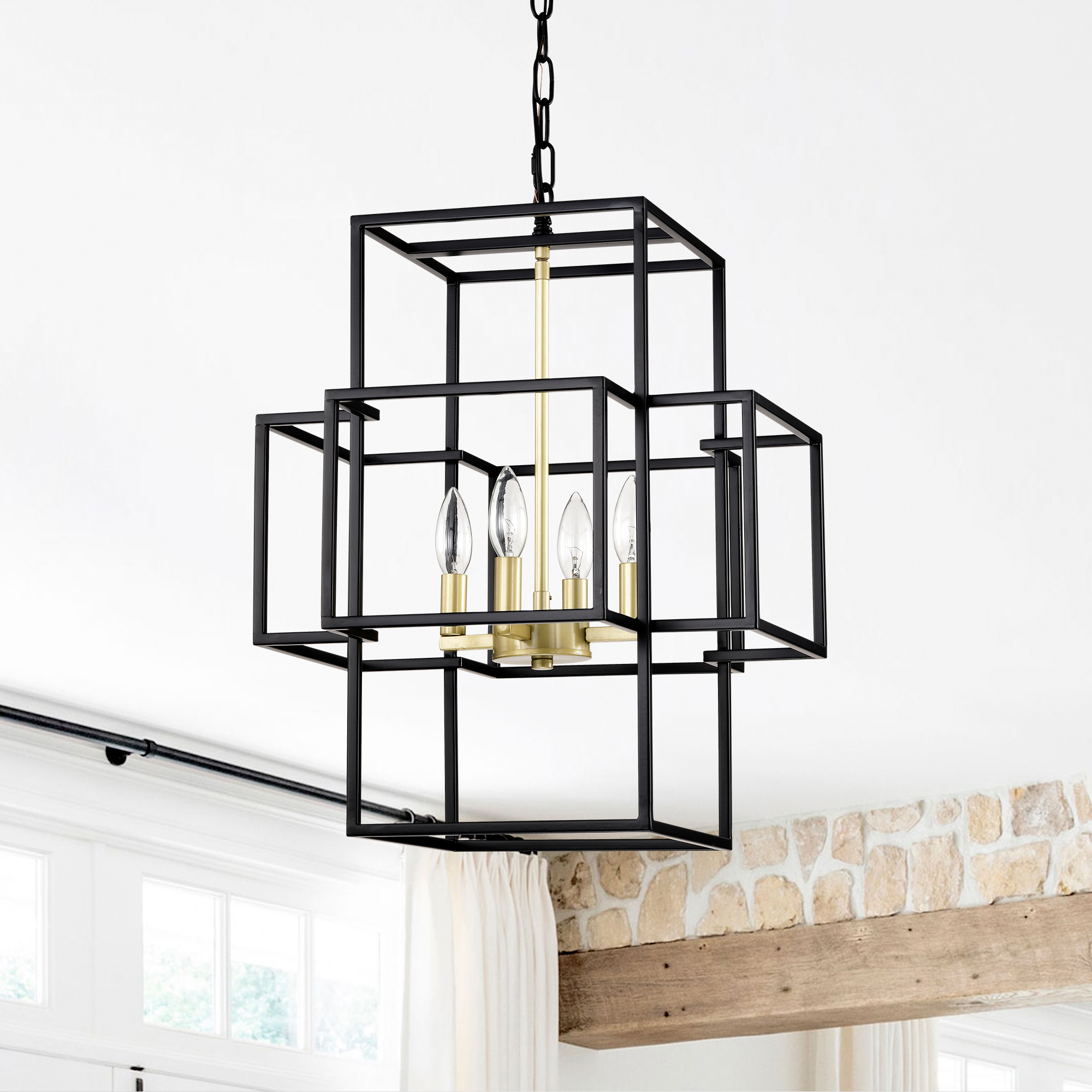 Anmytek 4‑Light Tiered Metal Lantern Chandelier Industrial Farmhouse Adjustable Height Hanging Light Fixture Matte Black Gold Finish for Dining Room Hallway Foyer Entryway Kitchen Island