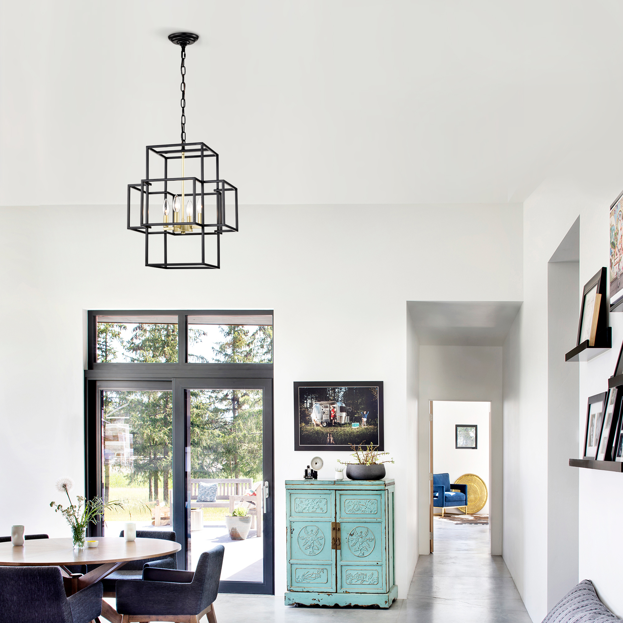 Anmytek 4‑Light Tiered Metal Lantern Chandelier Industrial Farmhouse Adjustable Height Hanging Light Fixture Matte Black Gold Finish for Dining Room Hallway Foyer Entryway Kitchen Island