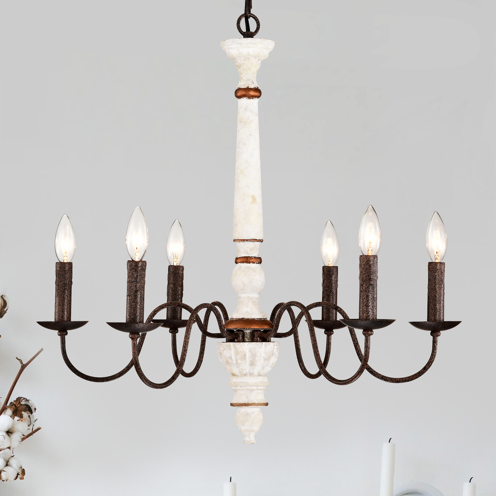 Anmytek Retro White and Rust Chandelier 6 Light E12 Pendant Light for Dining Room Kitchen Living Room