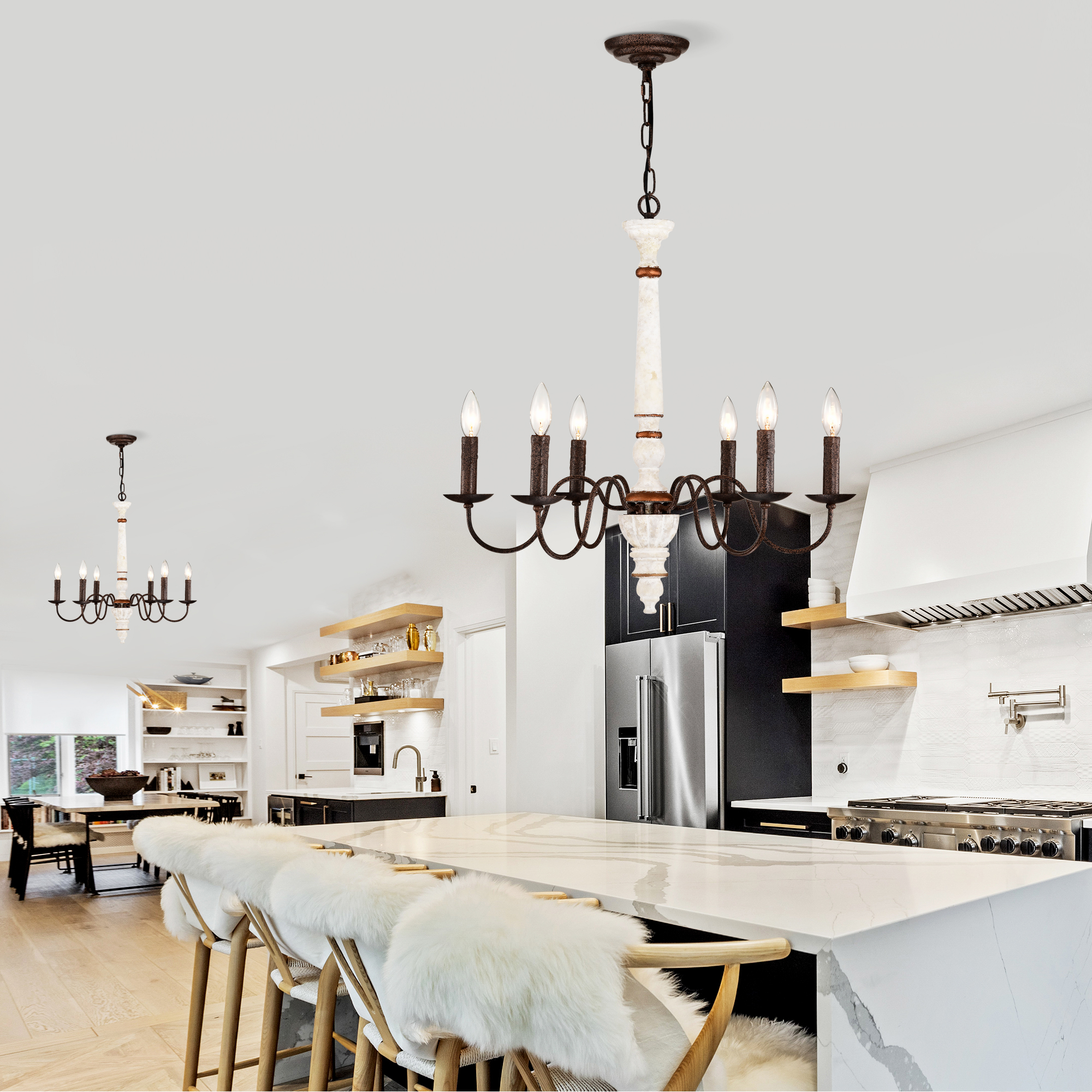 Anmytek Retro White and Rust Chandelier 6 Light E12 Pendant Light for Dining Room Kitchen Living Room
