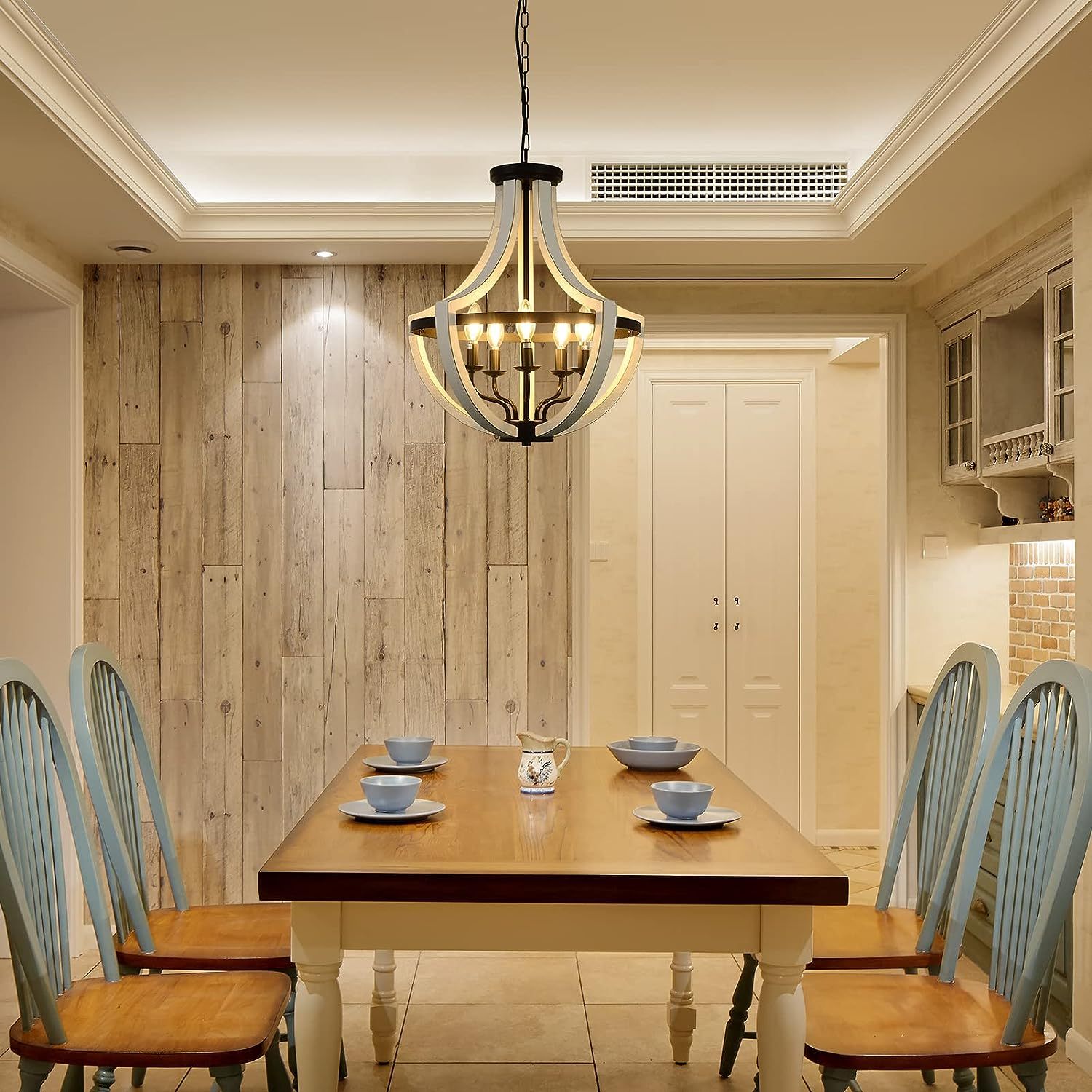 Anmytek White Solid Wood Chandelier Modern Hanging Light Fixture for Dining Room Living Room Home Decor
