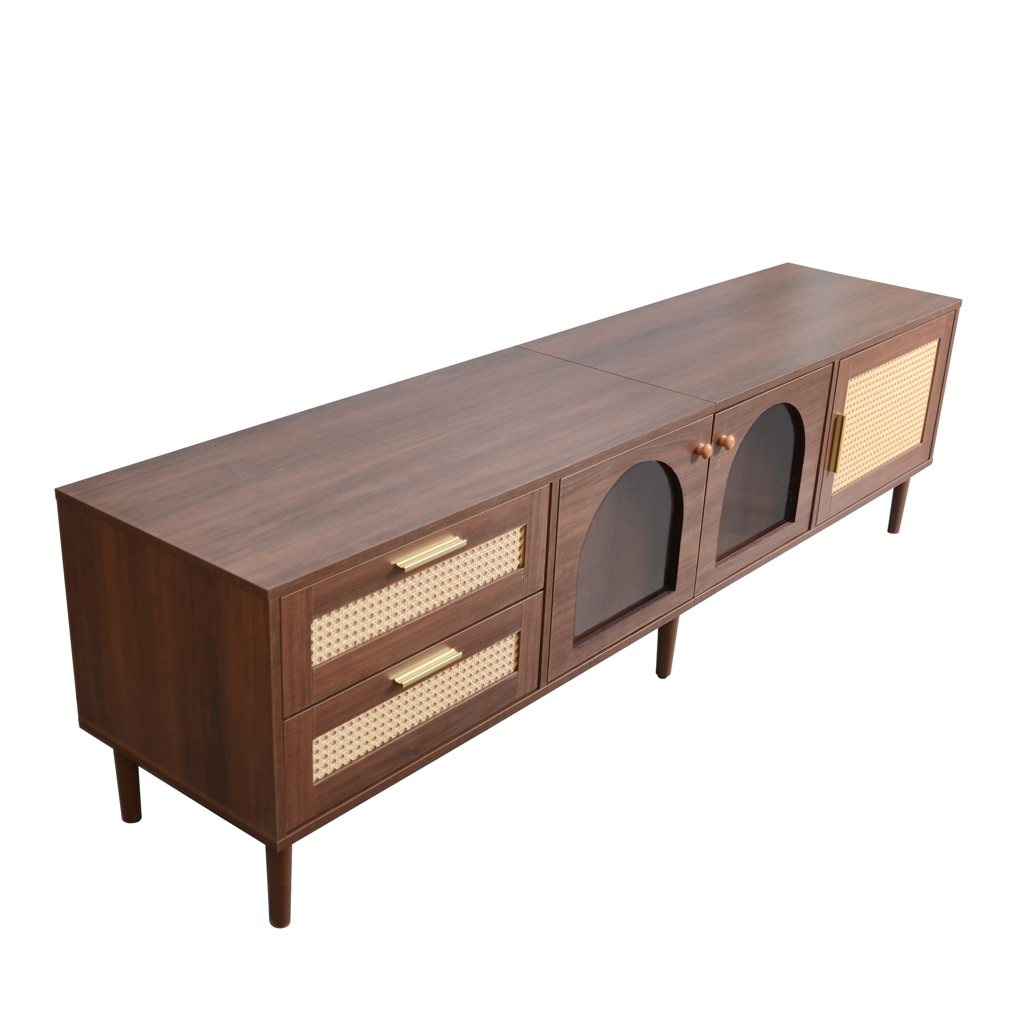Anmytek Rattan TV Stand Entertainment Center with LED Light 3 Cabinets and 2 Drawers Media Console Table for TVs up to 80 Inch for Living Room Bedroom Home Theatre