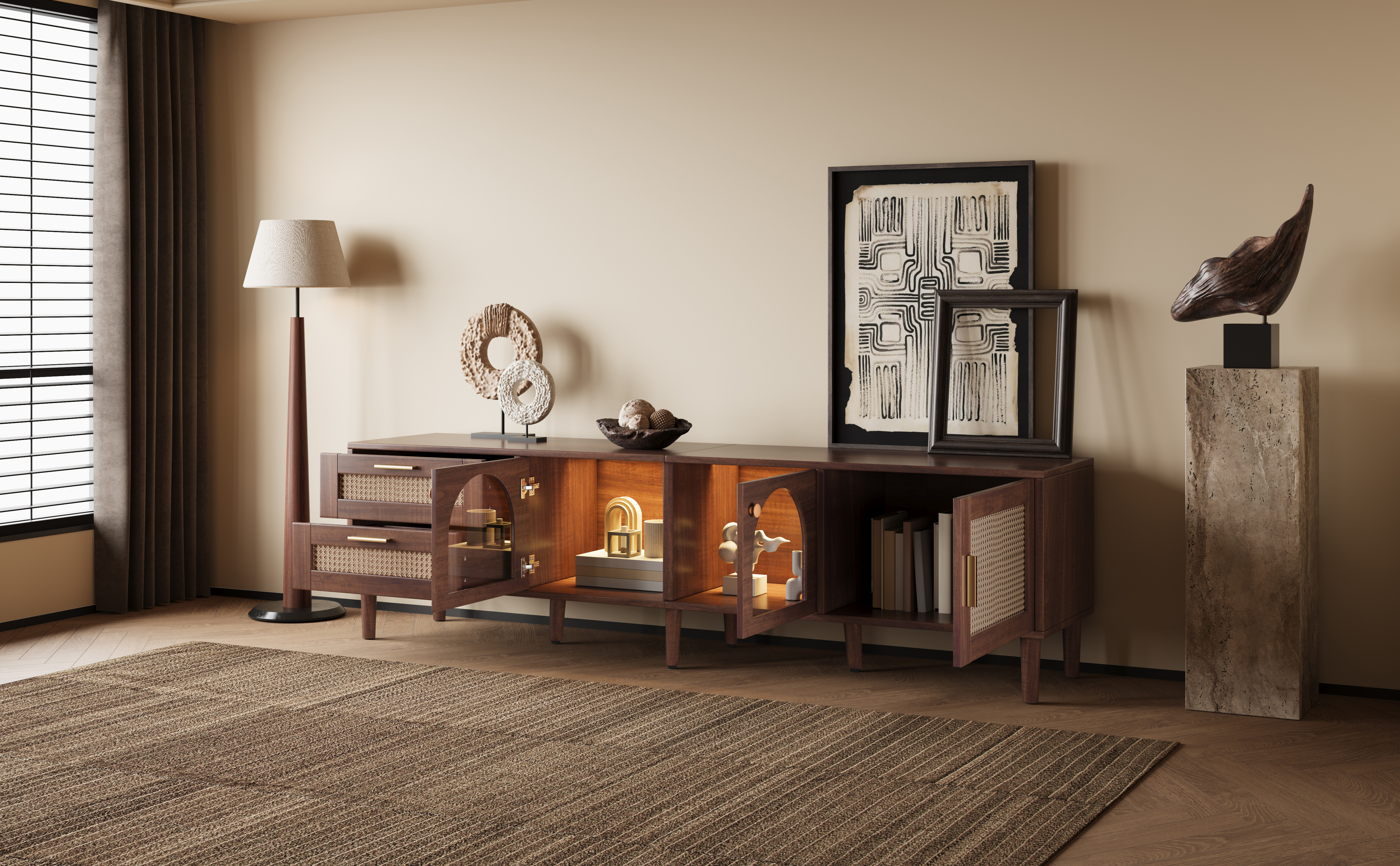 Anmytek Rattan TV Stand Entertainment Center with LED Light 3 Cabinets and 2 Drawers Media Console Table for TVs up to 80 Inch for Living Room Bedroom Home Theatre