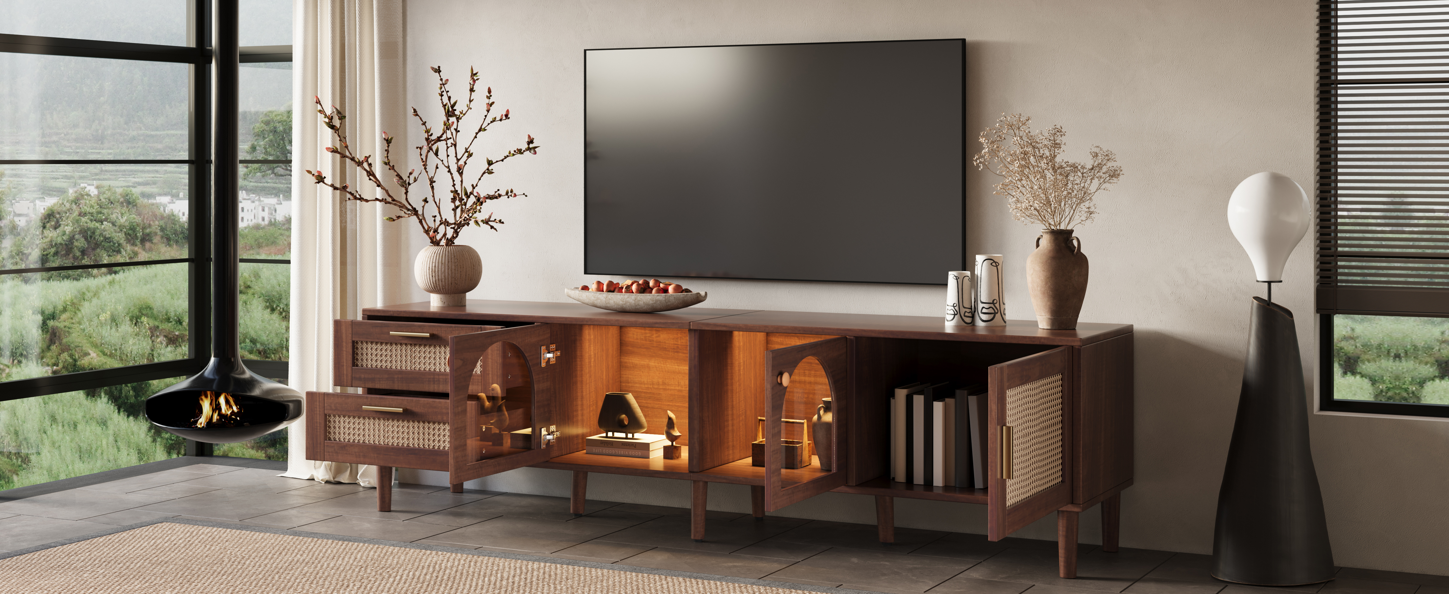 Anmytek Rattan TV Stand Entertainment Center with LED Light 3 Cabinets and 2 Drawers Media Console Table for TVs up to 80 Inch for Living Room Bedroom Home Theatre