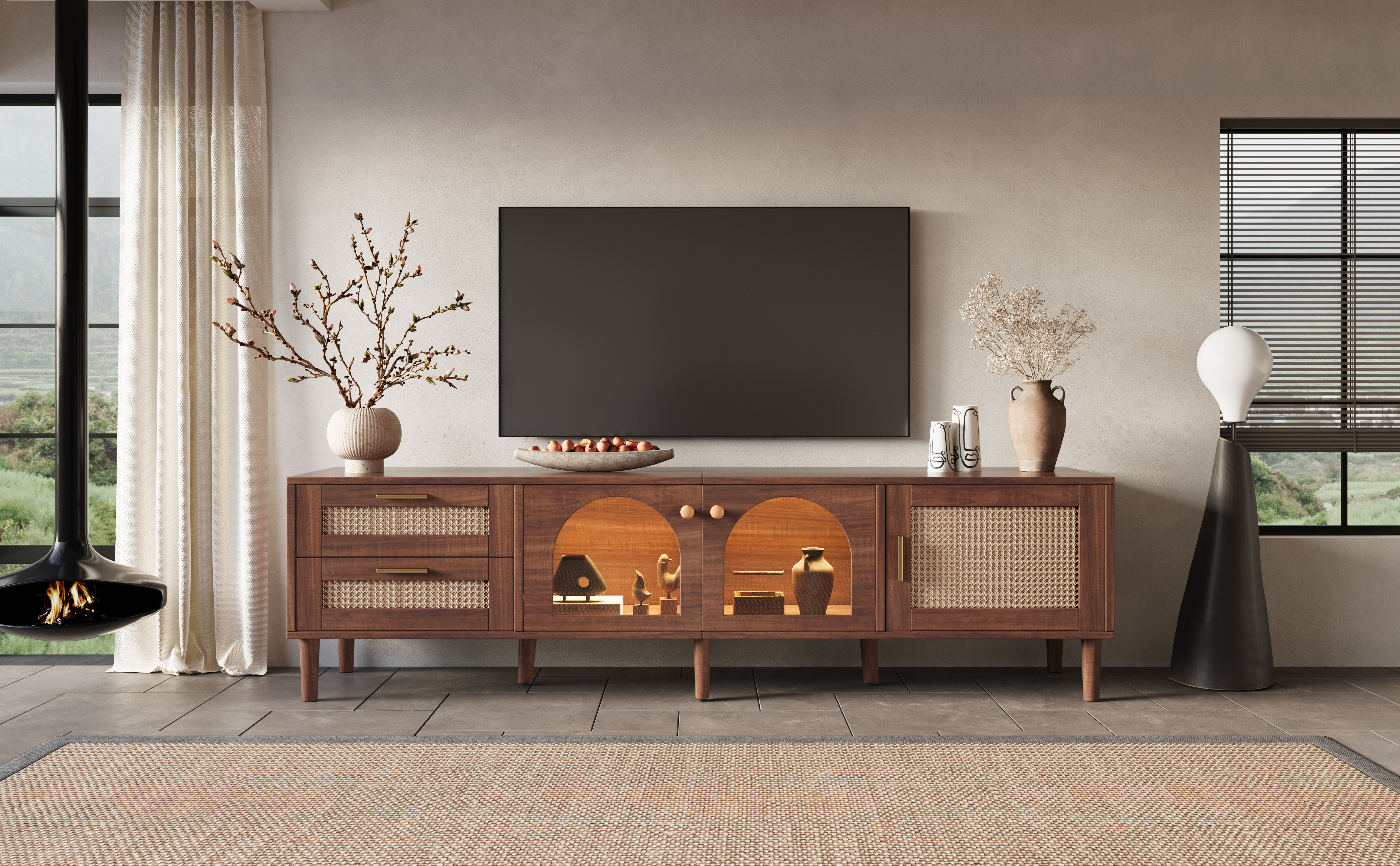 Anmytek Rattan TV Stand Entertainment Center with LED Light 3 Cabinets and 2 Drawers Media Console Table for TVs up to 80 Inch for Living Room Bedroom Home Theatre
