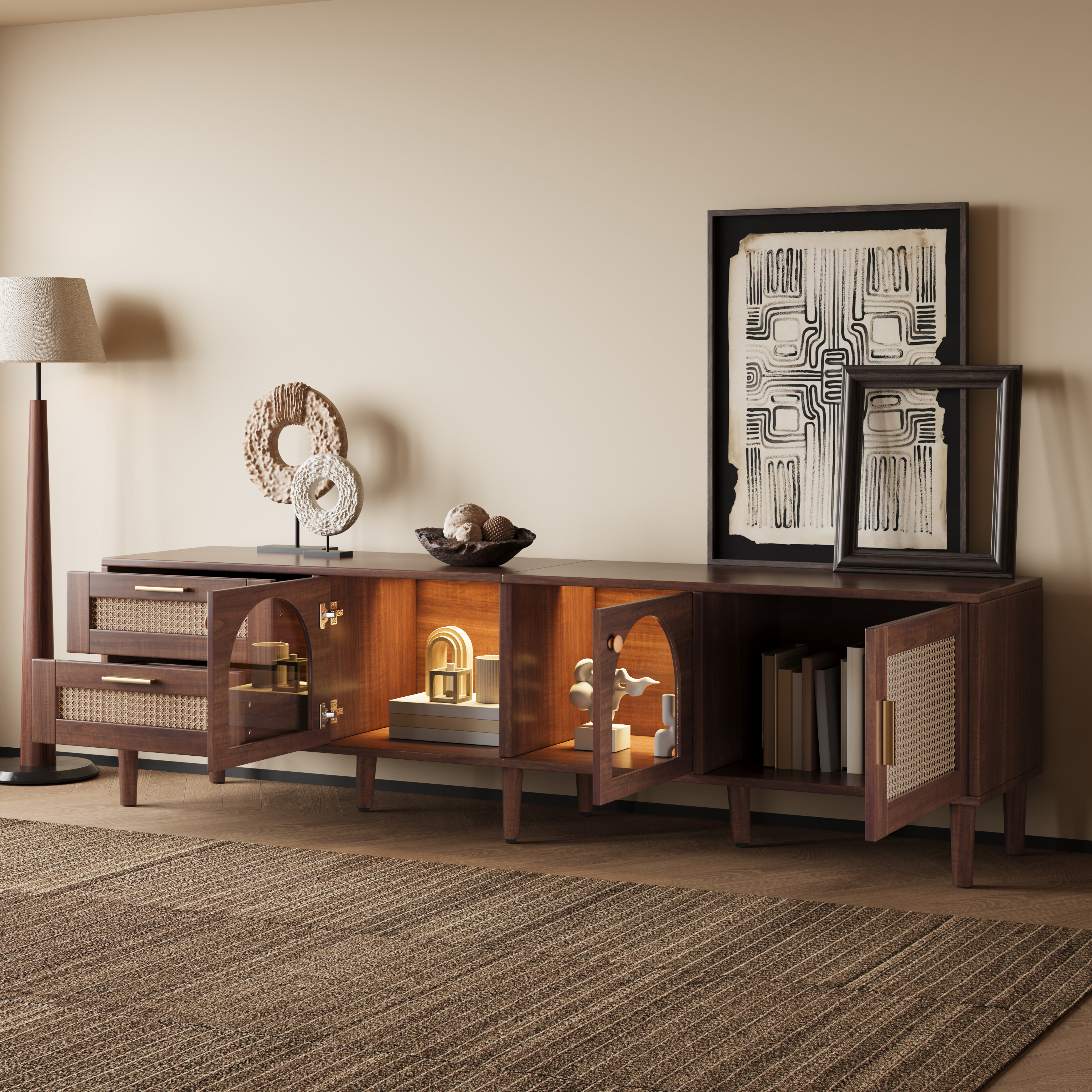 Anmytek Rattan TV Stand Entertainment Center with LED Light 3 Cabinets and 2 Drawers Media Console Table for TVs up to 80 Inch for Living Room Bedroom Home Theatre