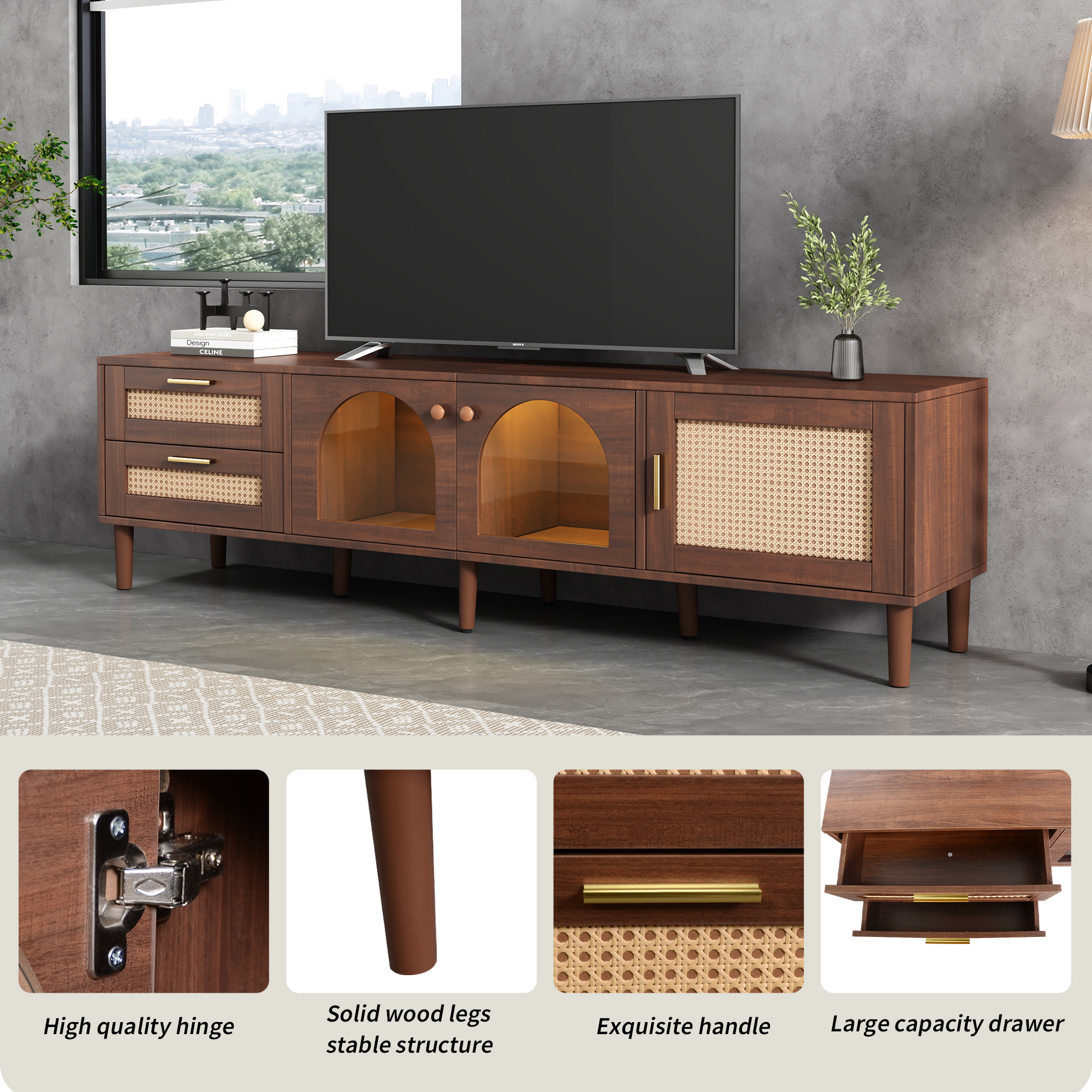 Anmytek Rattan TV Stand Entertainment Center with LED Light 3 Cabinets and 2 Drawers Media Console Table for TVs up to 80 Inch for Living Room Bedroom Home Theatre