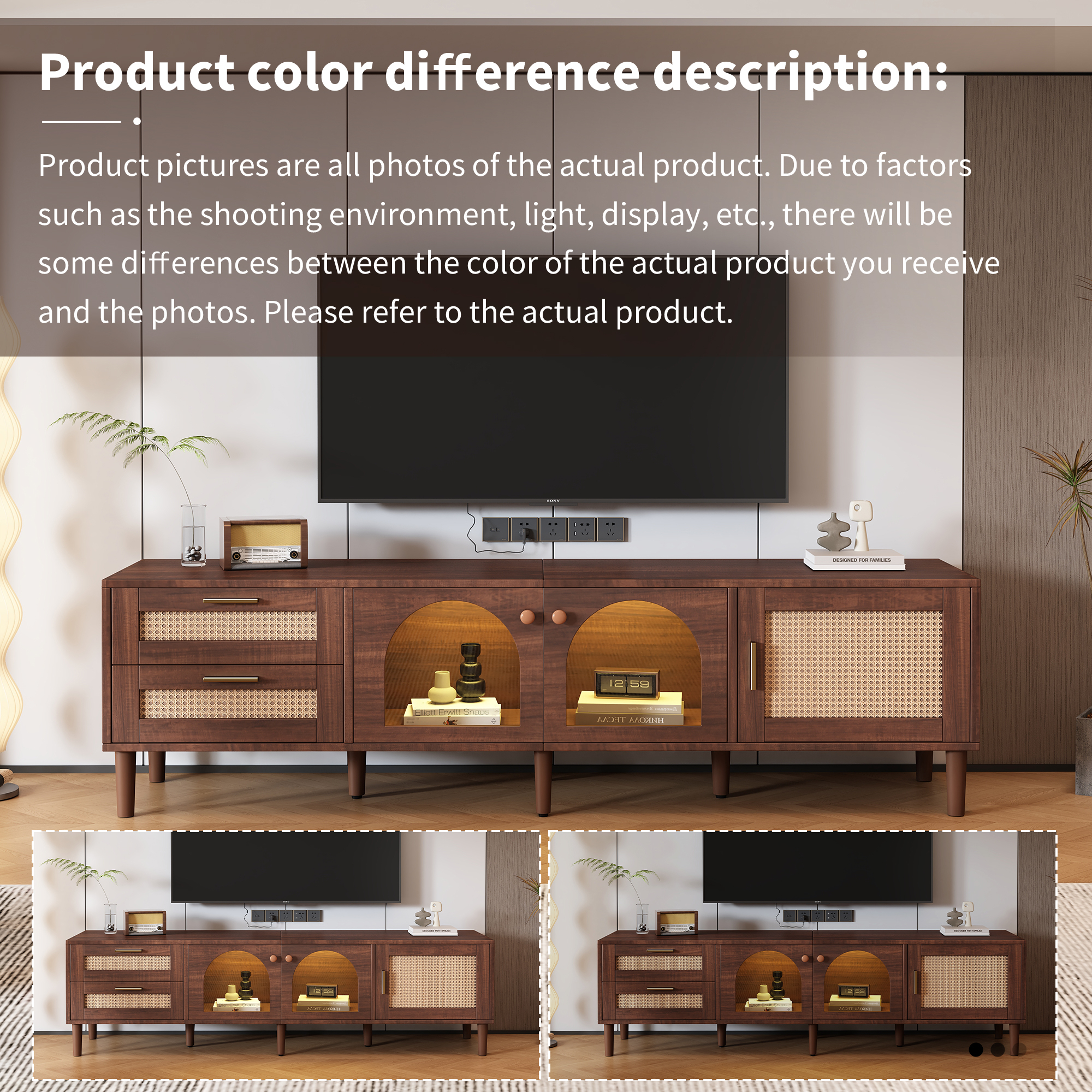 Anmytek Rattan TV Stand Entertainment Center with LED Light 3 Cabinets and 2 Drawers Media Console Table for TVs up to 80 Inch for Living Room Bedroom Home Theatre