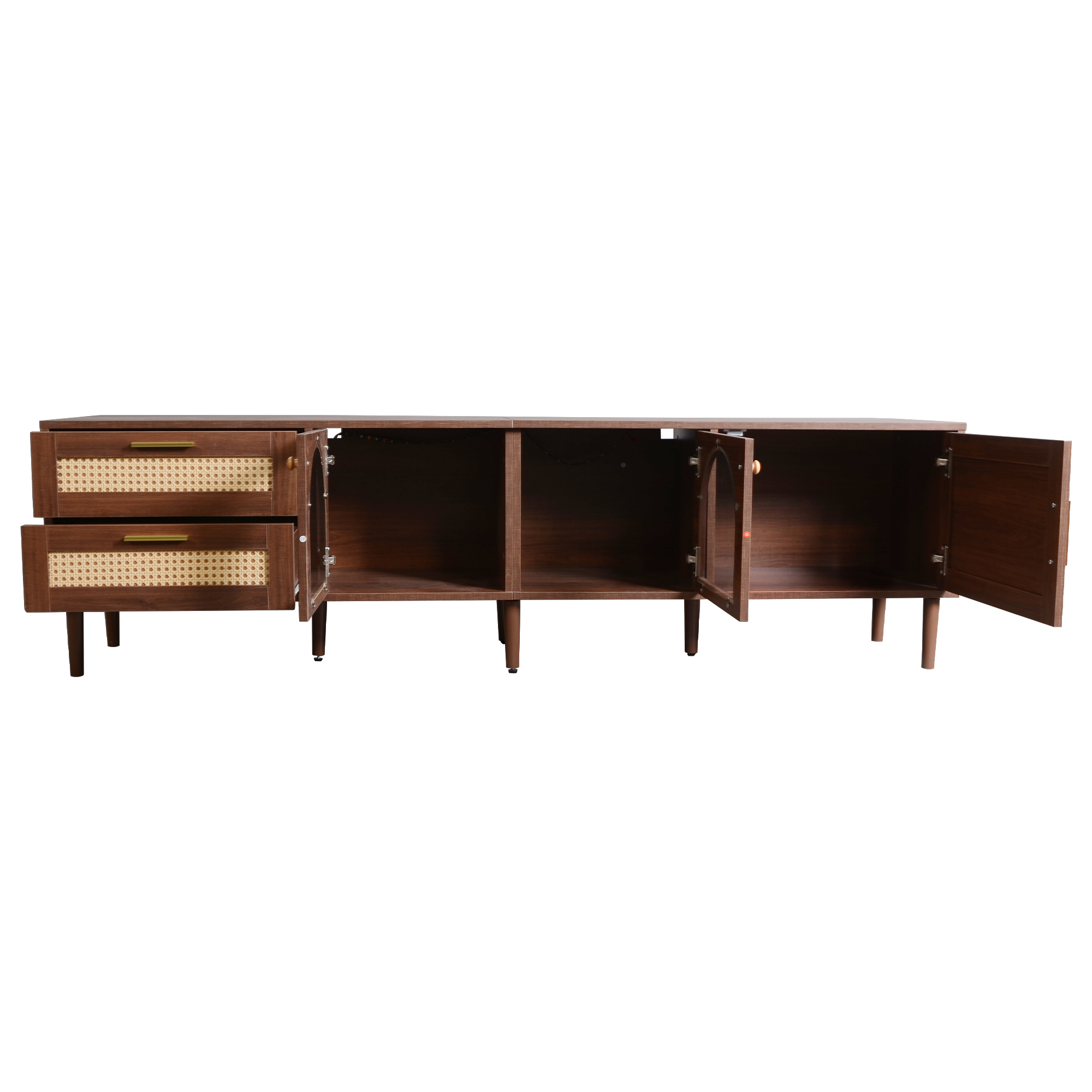 Anmytek Rattan TV Stand Entertainment Center with LED Light 3 Cabinets and 2 Drawers Media Console Table for TVs up to 80 Inch for Living Room Bedroom Home Theatre