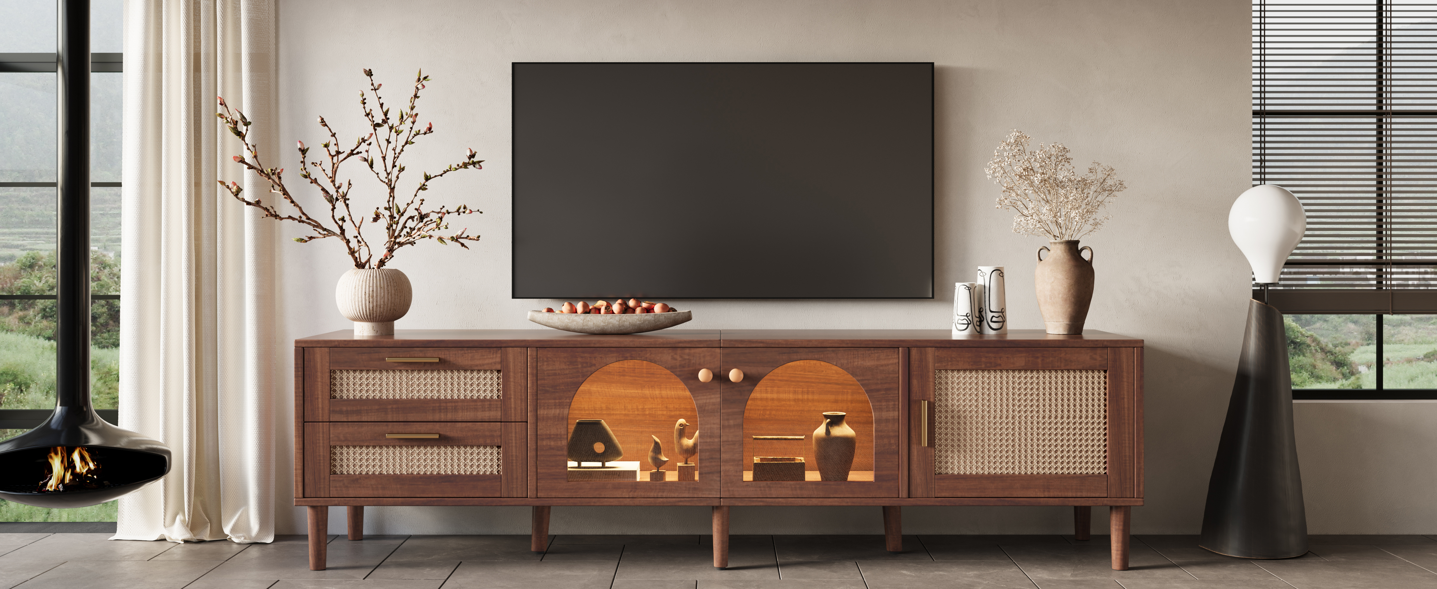 Anmytek Rattan TV Stand Entertainment Center with LED Light 3 Cabinets and 2 Drawers Media Console Table for TVs up to 80 Inch for Living Room Bedroom Home Theatre