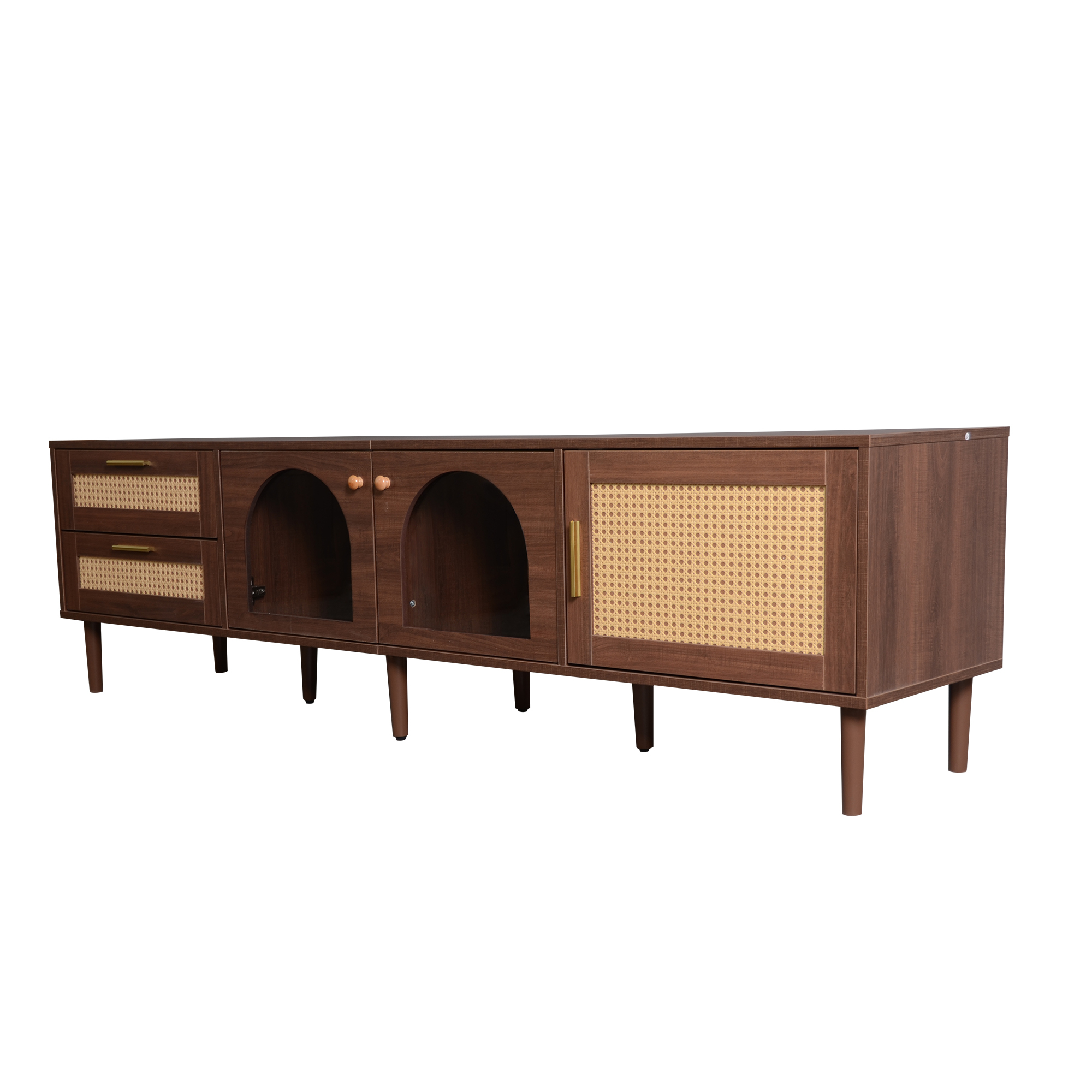 Anmytek Rattan TV Stand Entertainment Center with LED Light 3 Cabinets and 2 Drawers Media Console Table for TVs up to 80 Inch for Living Room Bedroom Home Theatre