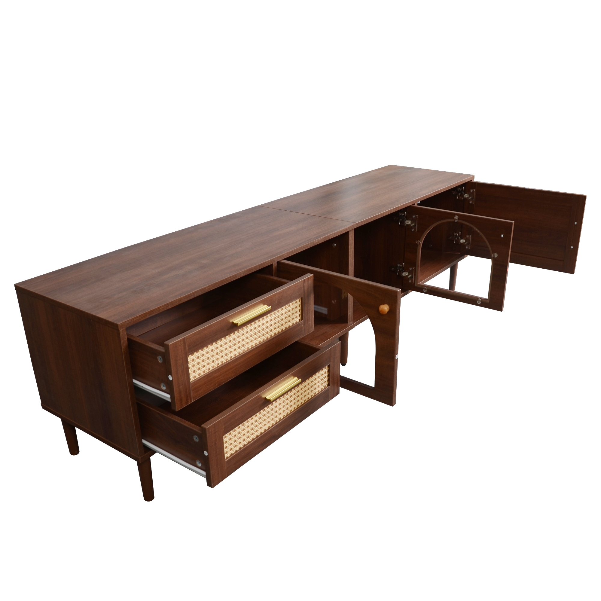Anmytek Rattan TV Stand Entertainment Center with LED Light 3 Cabinets and 2 Drawers Media Console Table for TVs up to 80 Inch for Living Room Bedroom Home Theatre