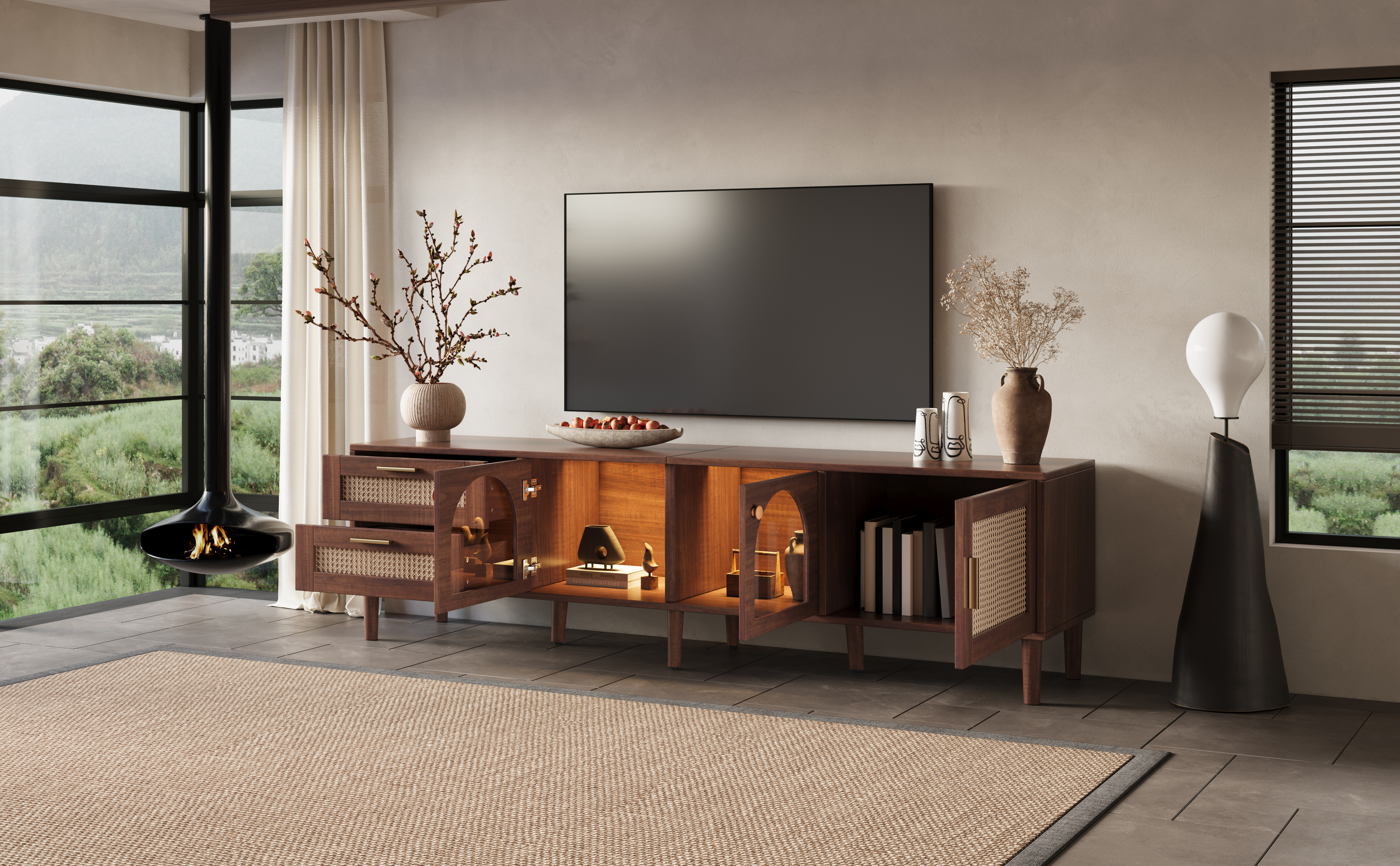 Anmytek Rattan TV Stand Entertainment Center with LED Light 3 Cabinets and 2 Drawers Media Console Table for TVs up to 80 Inch for Living Room Bedroom Home Theatre