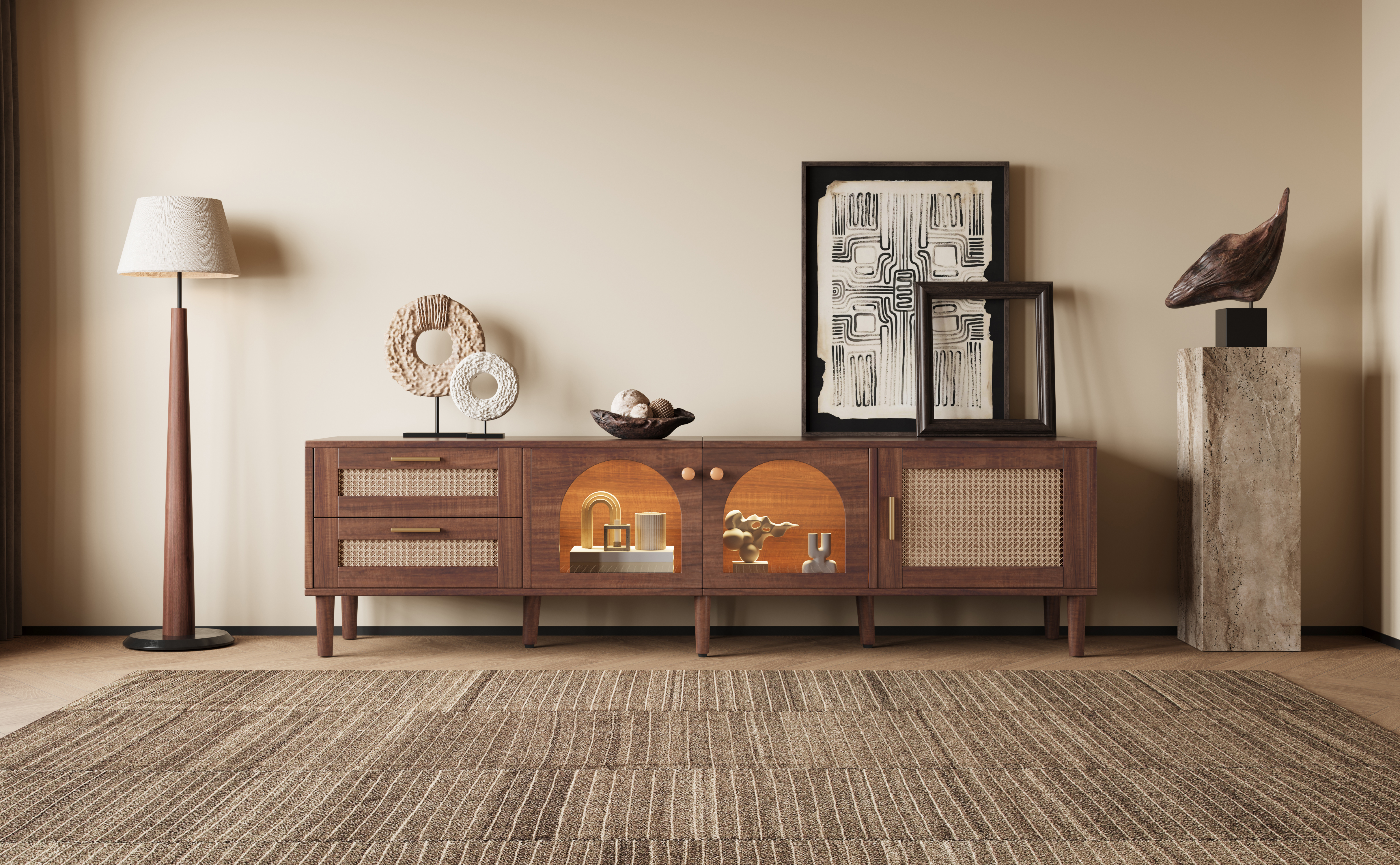 Anmytek Rattan TV Stand Entertainment Center with LED Light 3 Cabinets and 2 Drawers Media Console Table for TVs up to 80 Inch for Living Room Bedroom Home Theatre