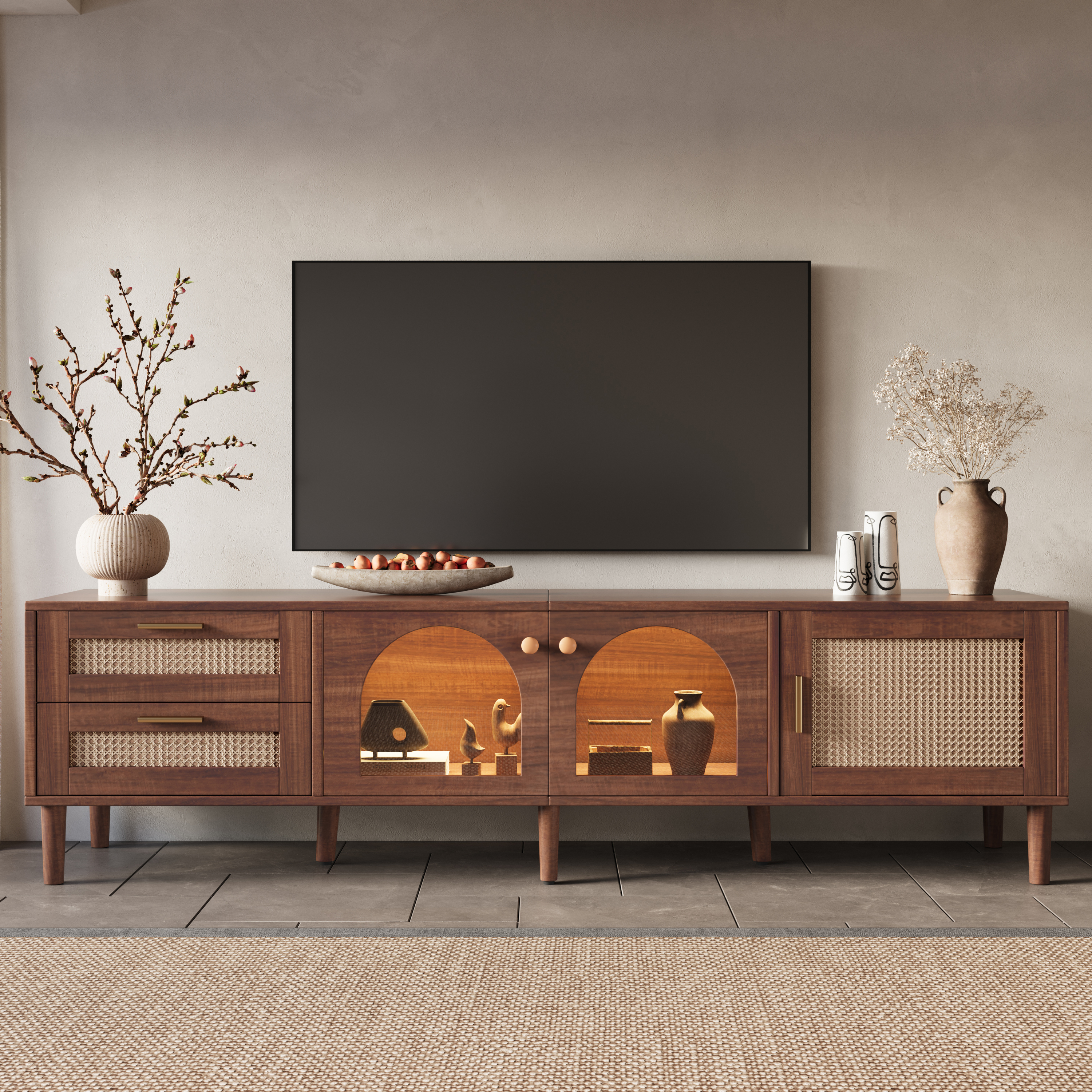 Anmytek Rattan TV Stand Entertainment Center with LED Light 3 Cabinets and 2 Drawers Media Console Table for TVs up to 80 Inch for Living Room Bedroom Home Theatre