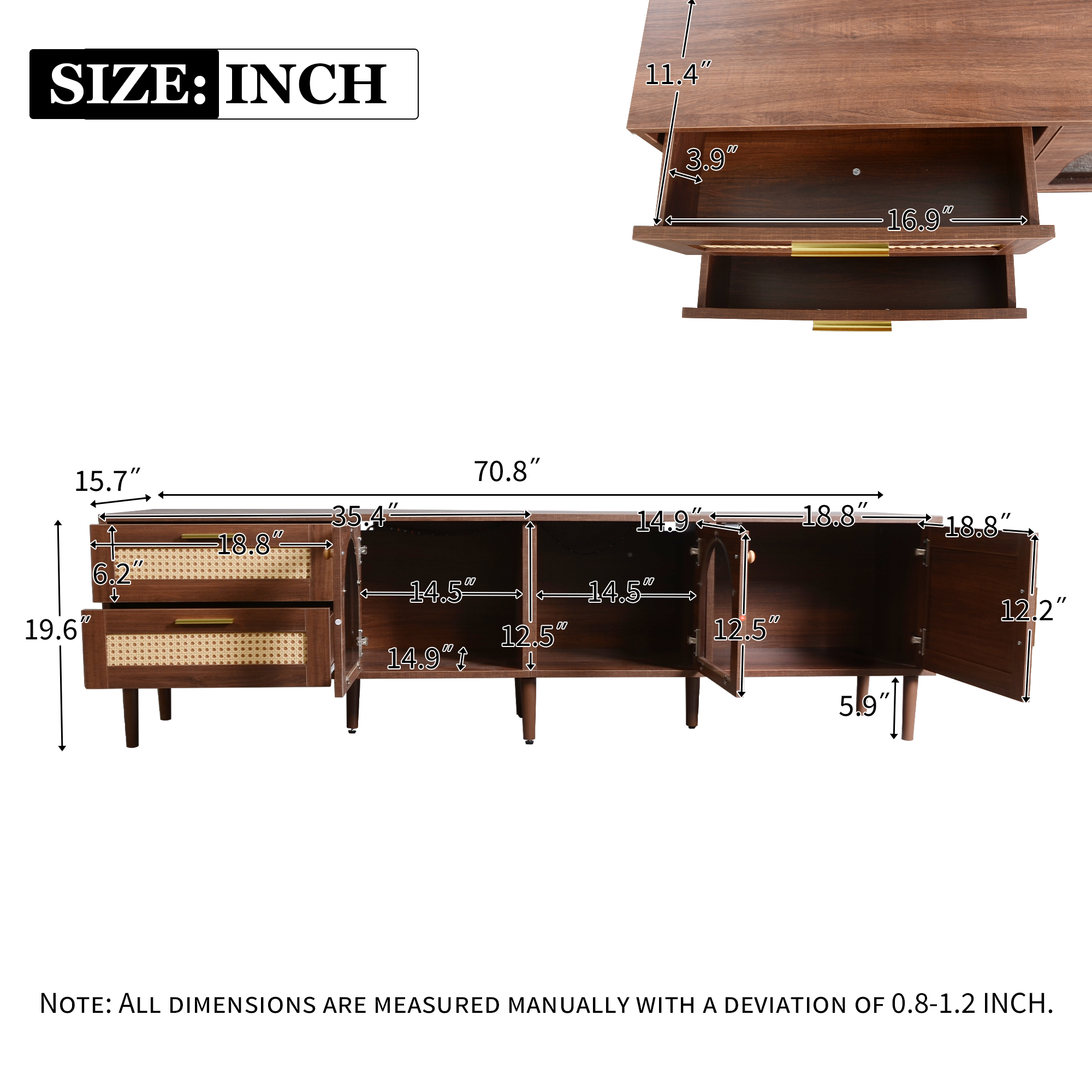 Anmytek Rattan TV Stand Entertainment Center with LED Light 3 Cabinets and 2 Drawers Media Console Table for TVs up to 80 Inch for Living Room Bedroom Home Theatre