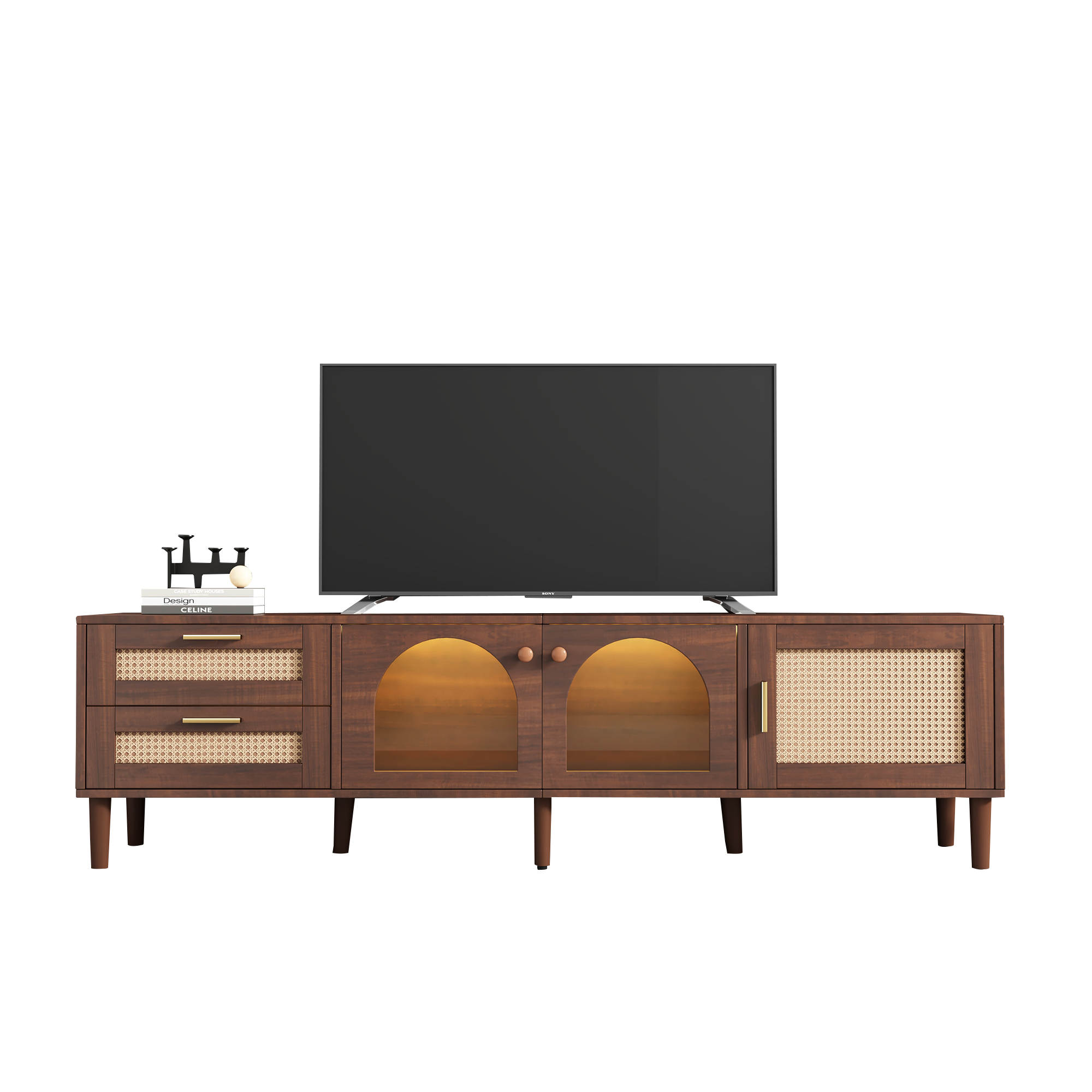 Anmytek Rattan TV Stand Entertainment Center with LED Light 3 Cabinets and 2 Drawers Media Console Table for TVs up to 80 Inch for Living Room Bedroom Home Theatre