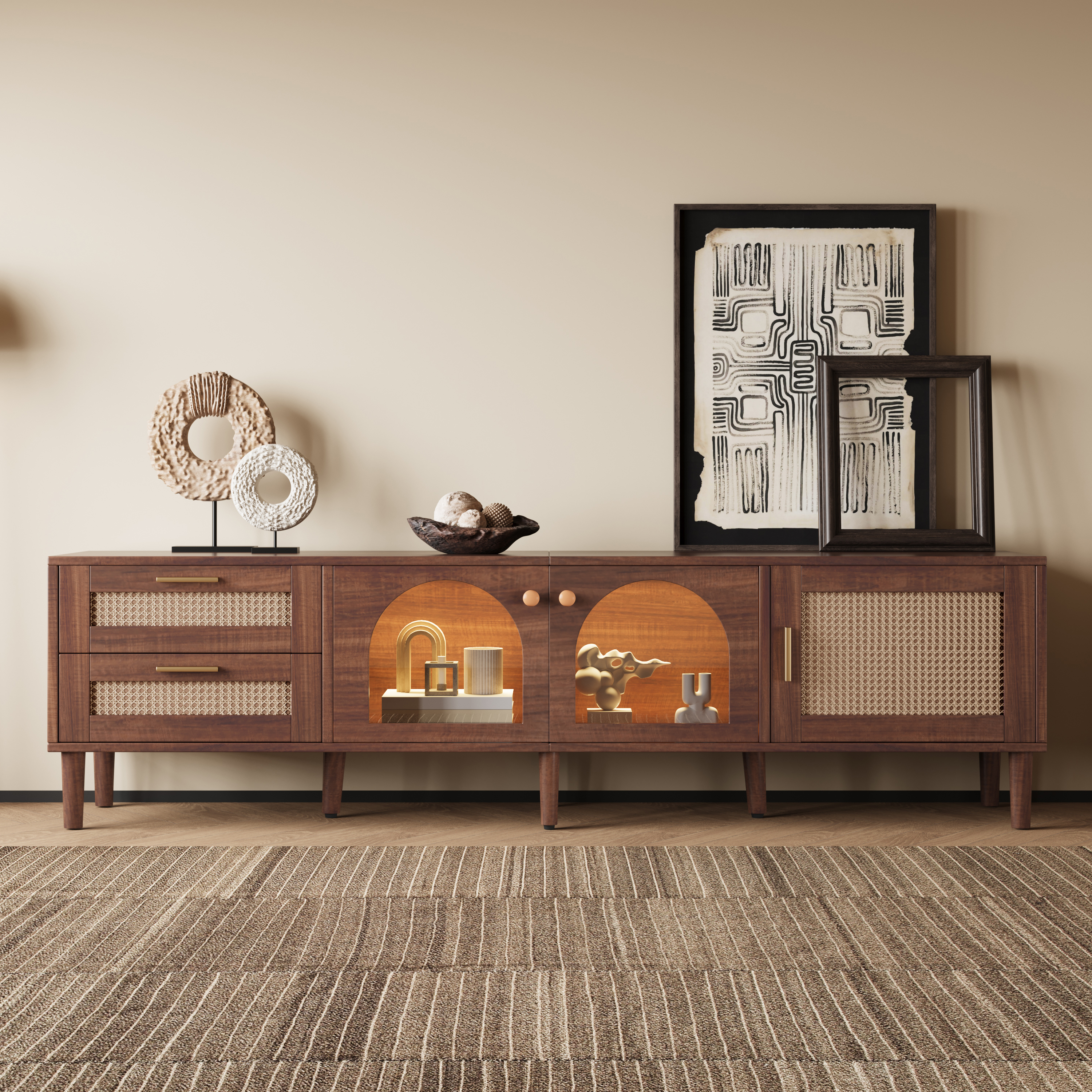 Anmytek Rattan TV Stand Entertainment Center with LED Light 3 Cabinets and 2 Drawers Media Console Table for TVs up to 80 Inch for Living Room Bedroom Home Theatre