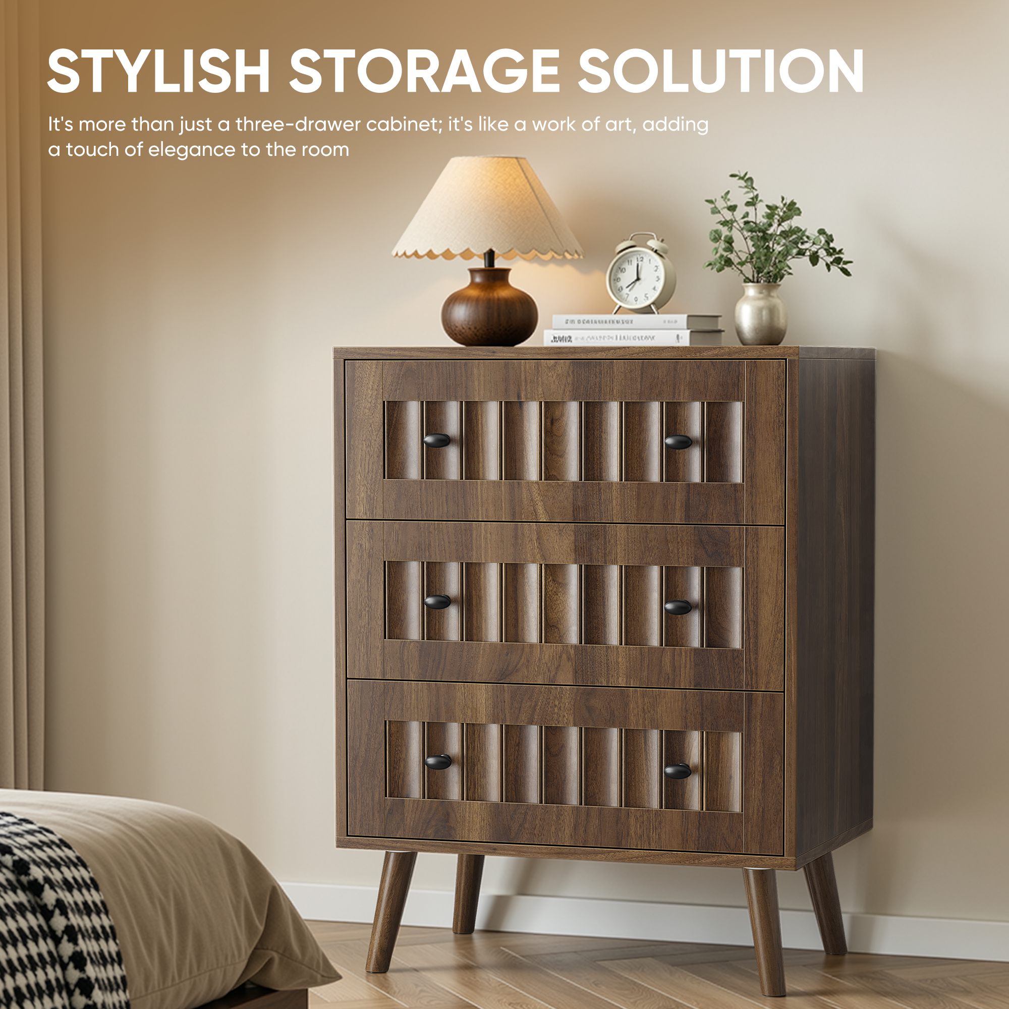 Anmytek 3 Drawer Dresser Walnut Wooden Storage Chest For Bedroom Living Room Corridor