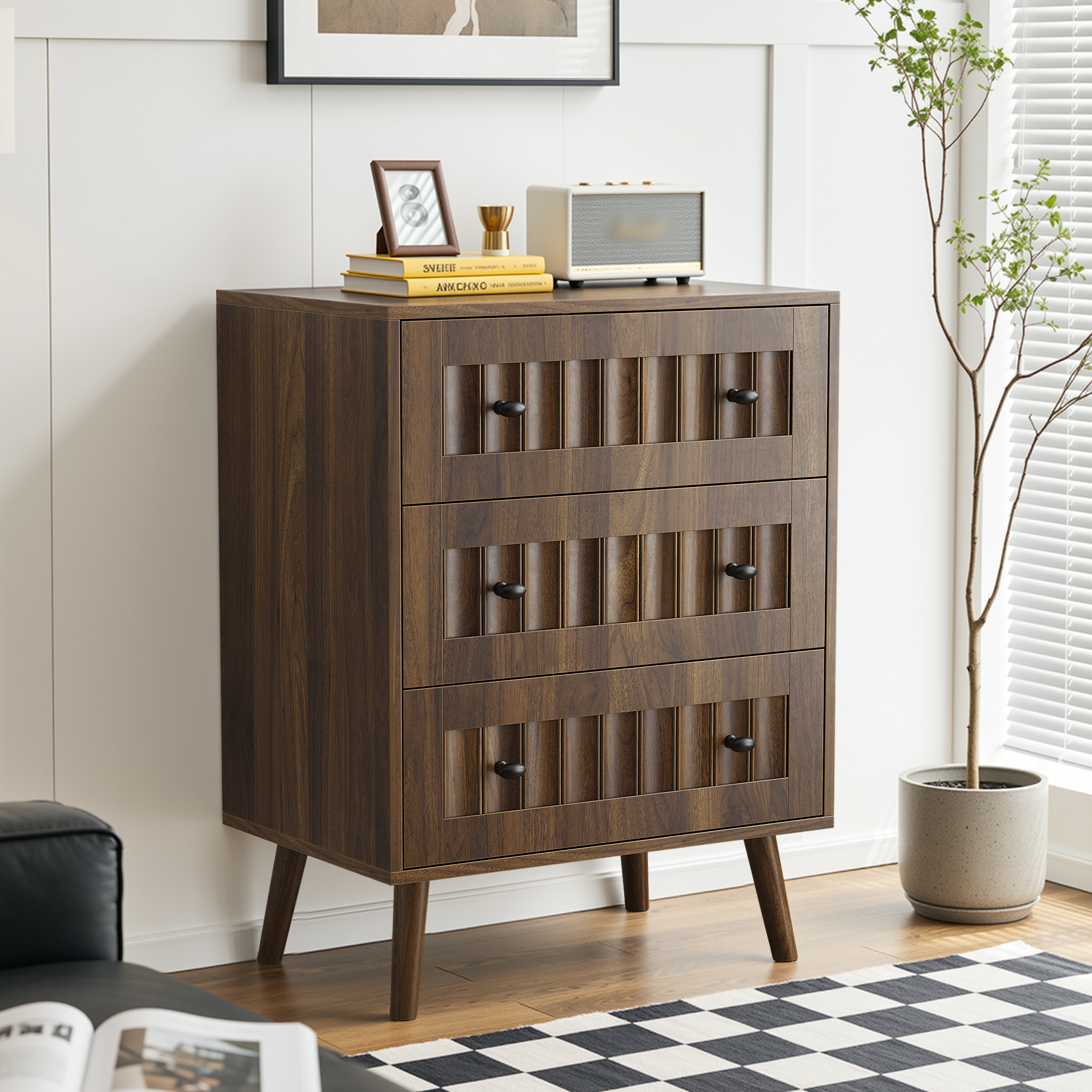 Anmytek 3 Drawer Dresser Walnut Wooden Storage Chest For Bedroom Living Room Corridor