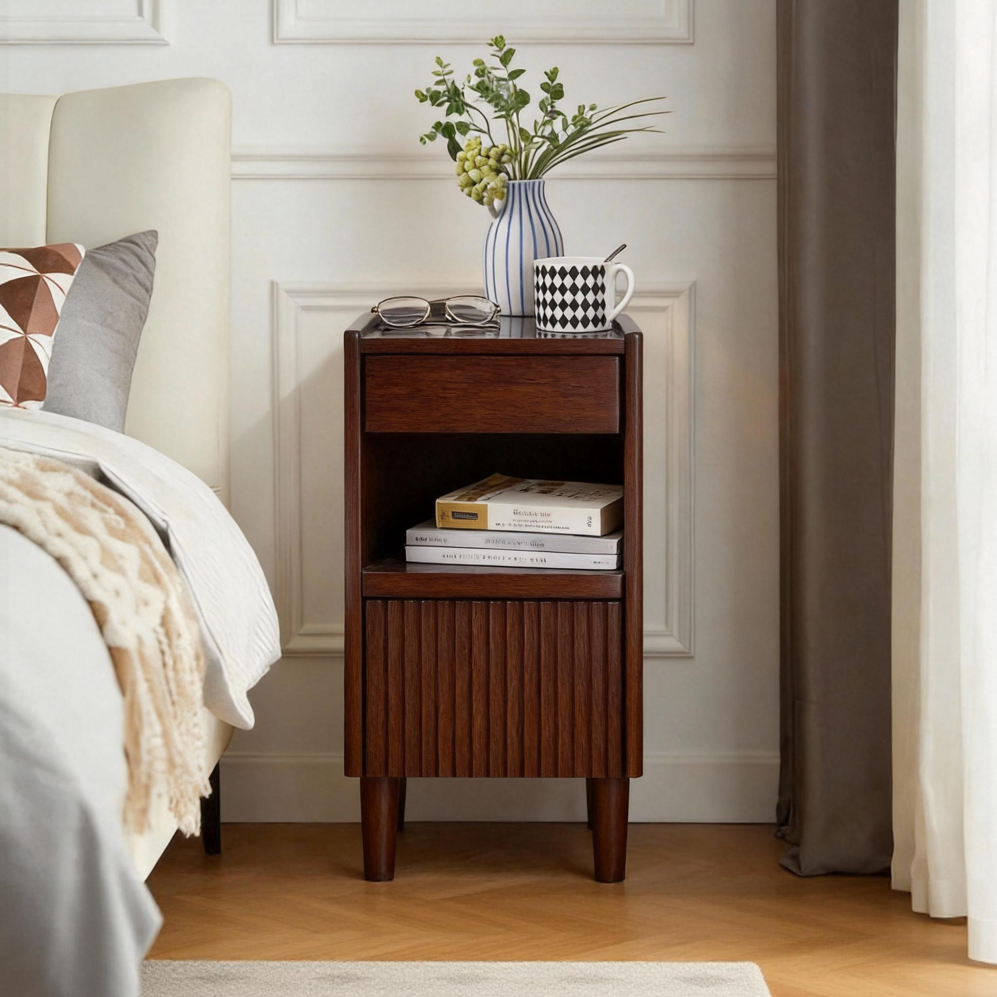 Anmytek Wooden Nightstand with 1 Drawer and Open Shelves Narrow Bedside Table Storage Side Cabinet for Bedroom Living Room