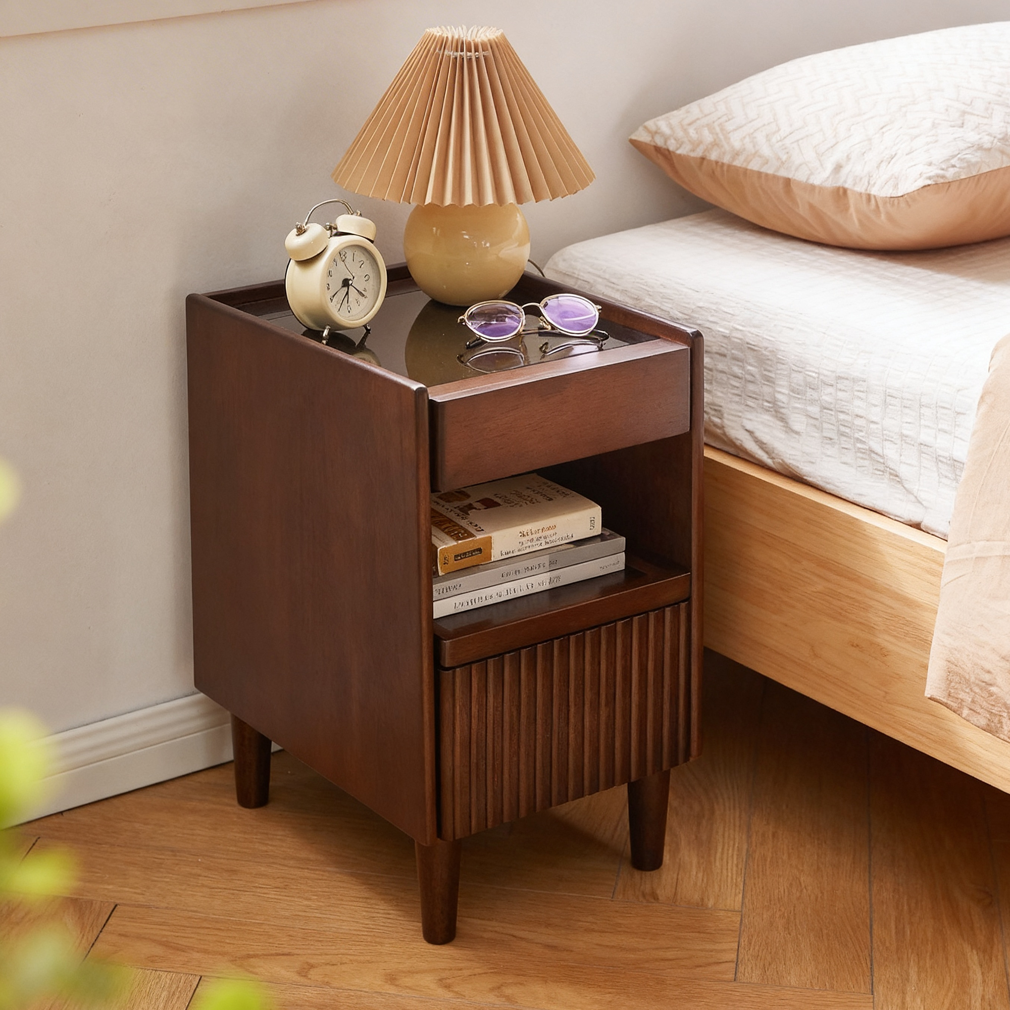 Anmytek Wooden Nightstand with 1 Drawer and Open Shelves Narrow Bedside Table Storage Side Cabinet for Bedroom Living Room