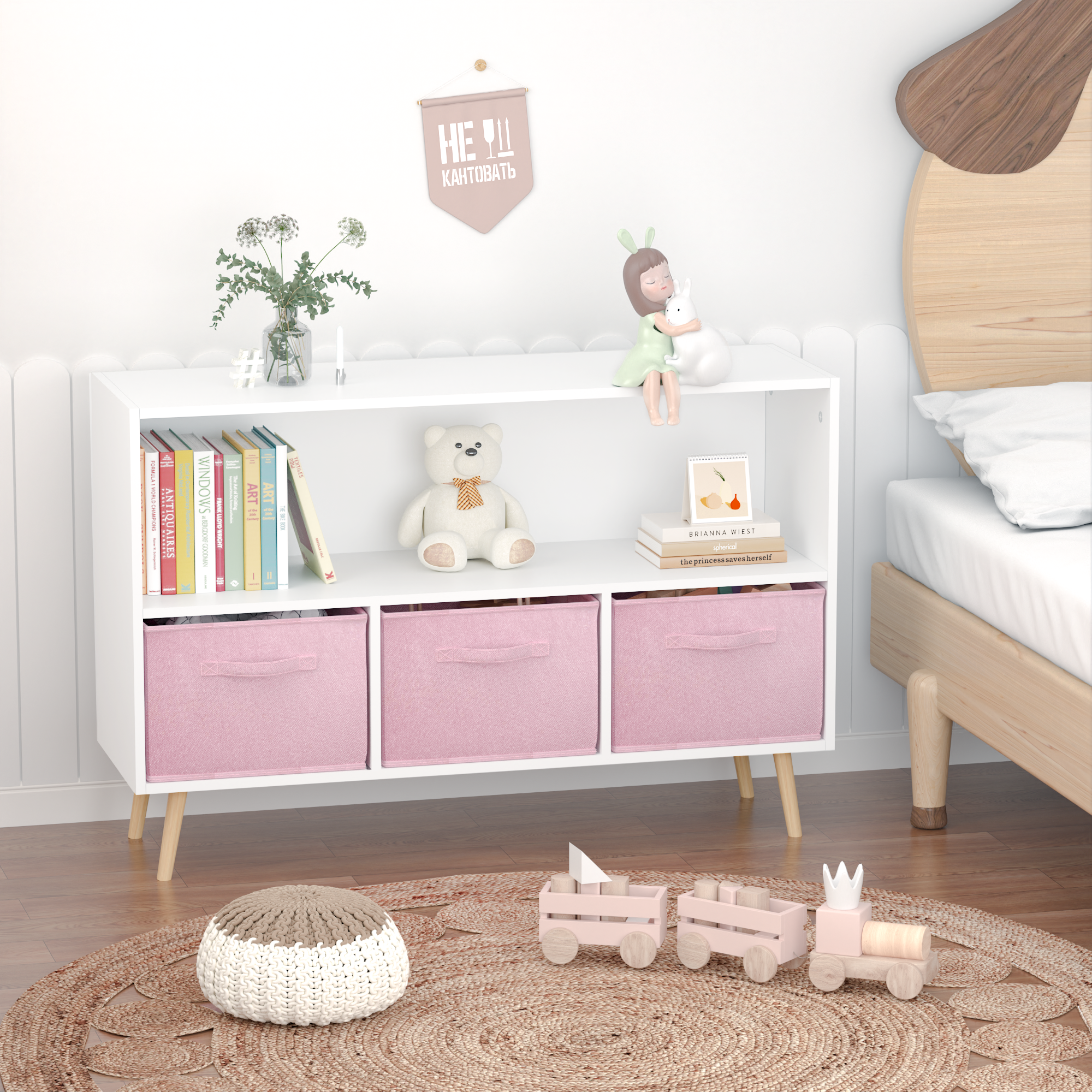 Anmytek Kids Bookcase with Collapsible Fabric Drawers Children Book Display Toy Storage Organizer White Pink