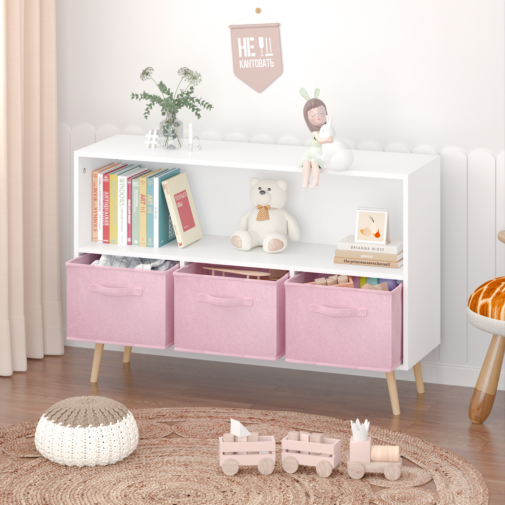 Anmytek Kids Bookcase with Collapsible Fabric Drawers Children Book Display Toy Storage Organizer White Pink