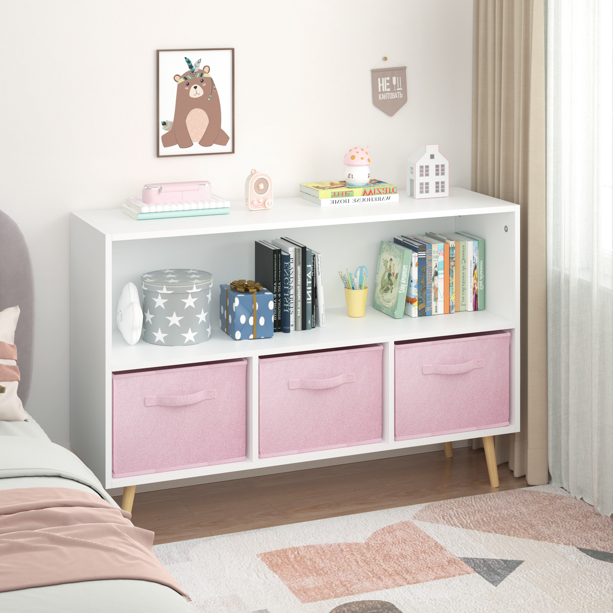 Anmytek Kids Bookcase with Collapsible Fabric Drawers Children Book Display Toy Storage Organizer White Pink