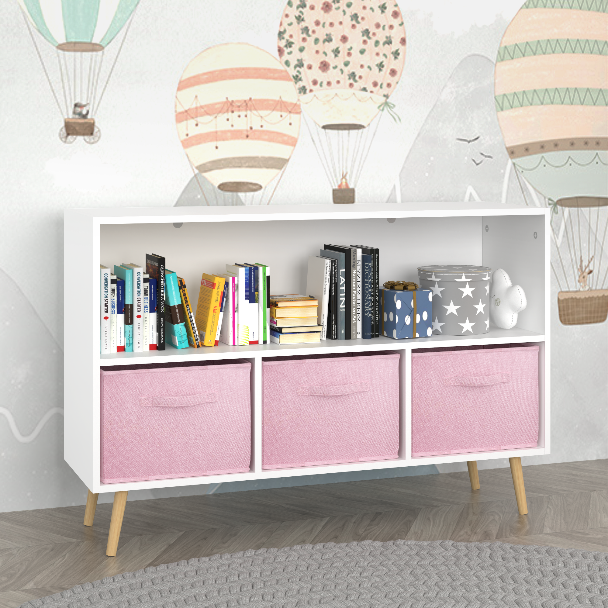 Anmytek Kids Bookcase with Collapsible Fabric Drawers Children Book Display Toy Storage Organizer White Pink