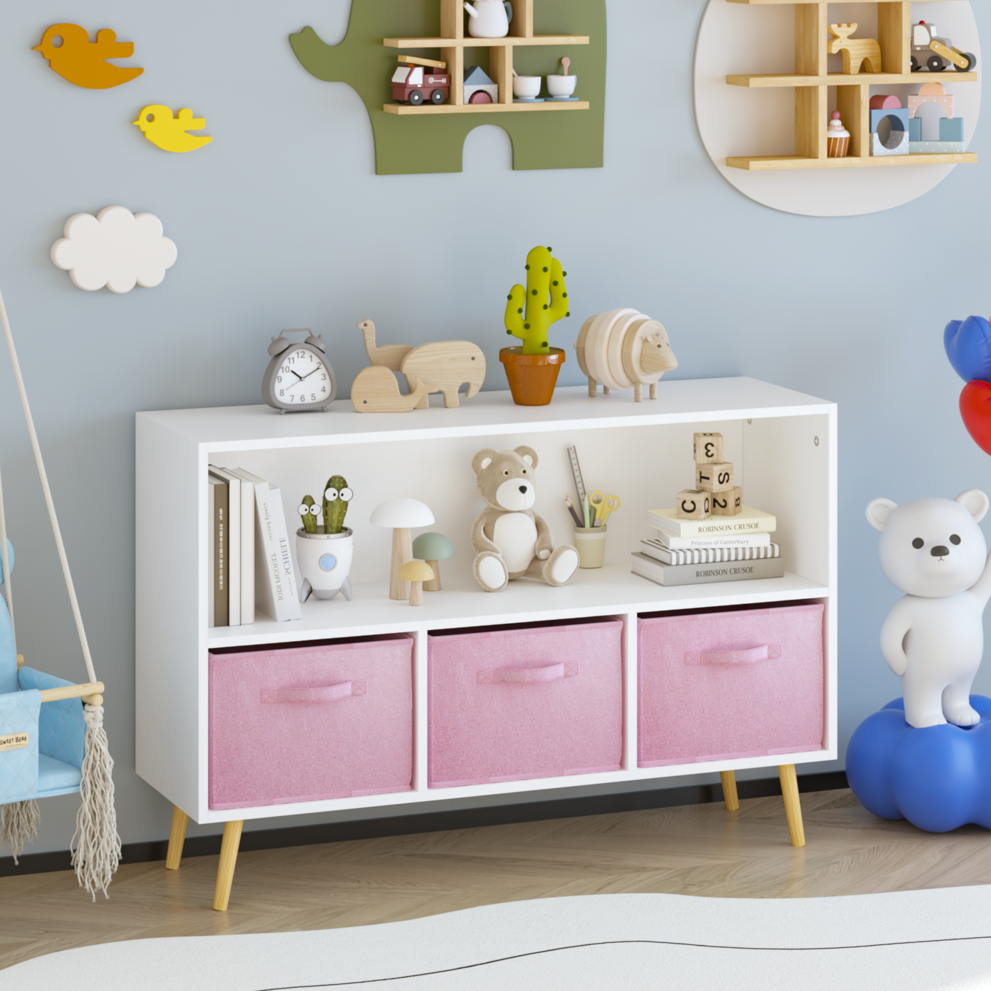 Anmytek Kids Bookcase with Collapsible Fabric Drawers Children Book Display Toy Storage Organizer White Pink
