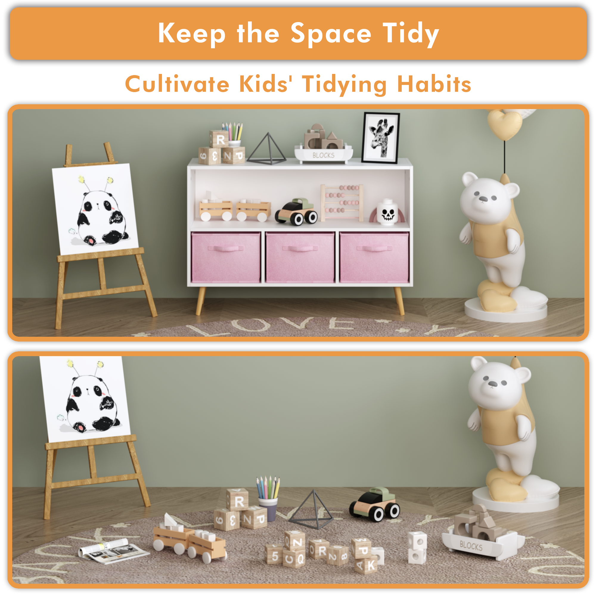 Anmytek Kids Bookcase with Collapsible Fabric Drawers Children Book Display Toy Storage Organizer White Pink