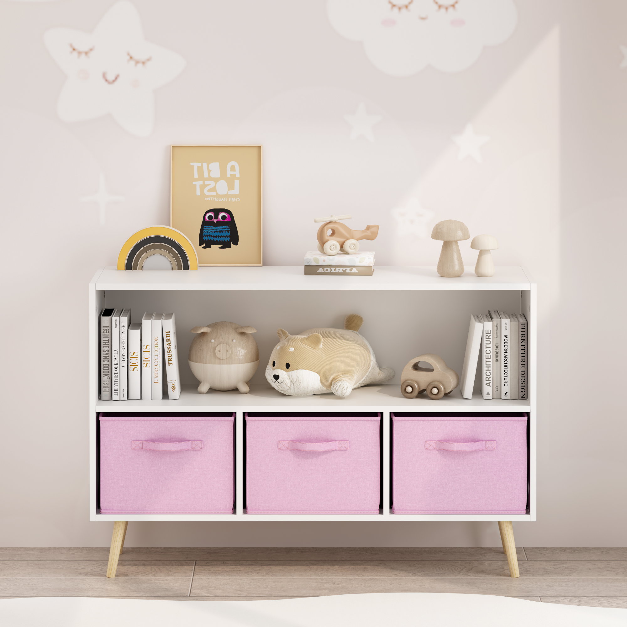 Anmytek Kids Bookcase with Collapsible Fabric Drawers Children Book Display Toy Storage Organizer White Pink