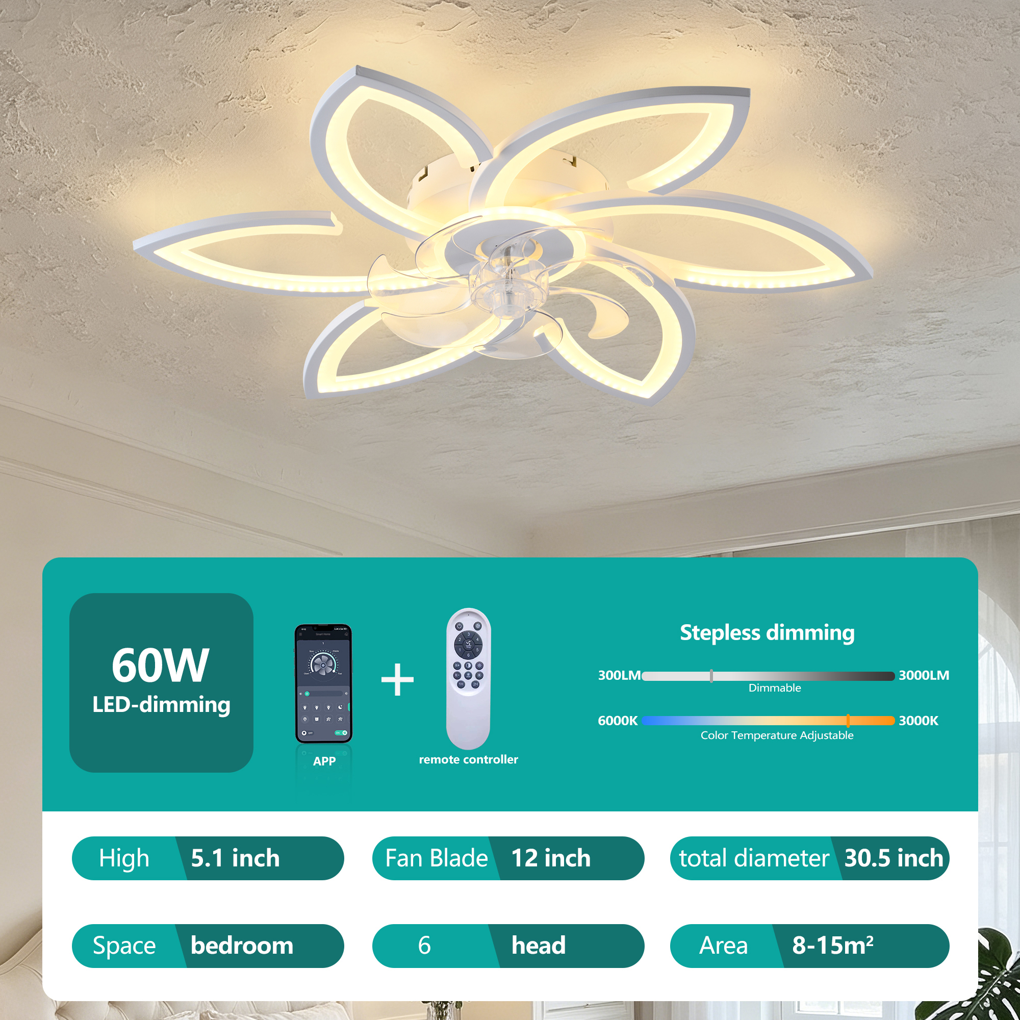Anmytek 30 Inch White 6 Head Flower Low Profile Ceiling Fan With Lights And Remote Control For Bedroom Kitchen Living Room