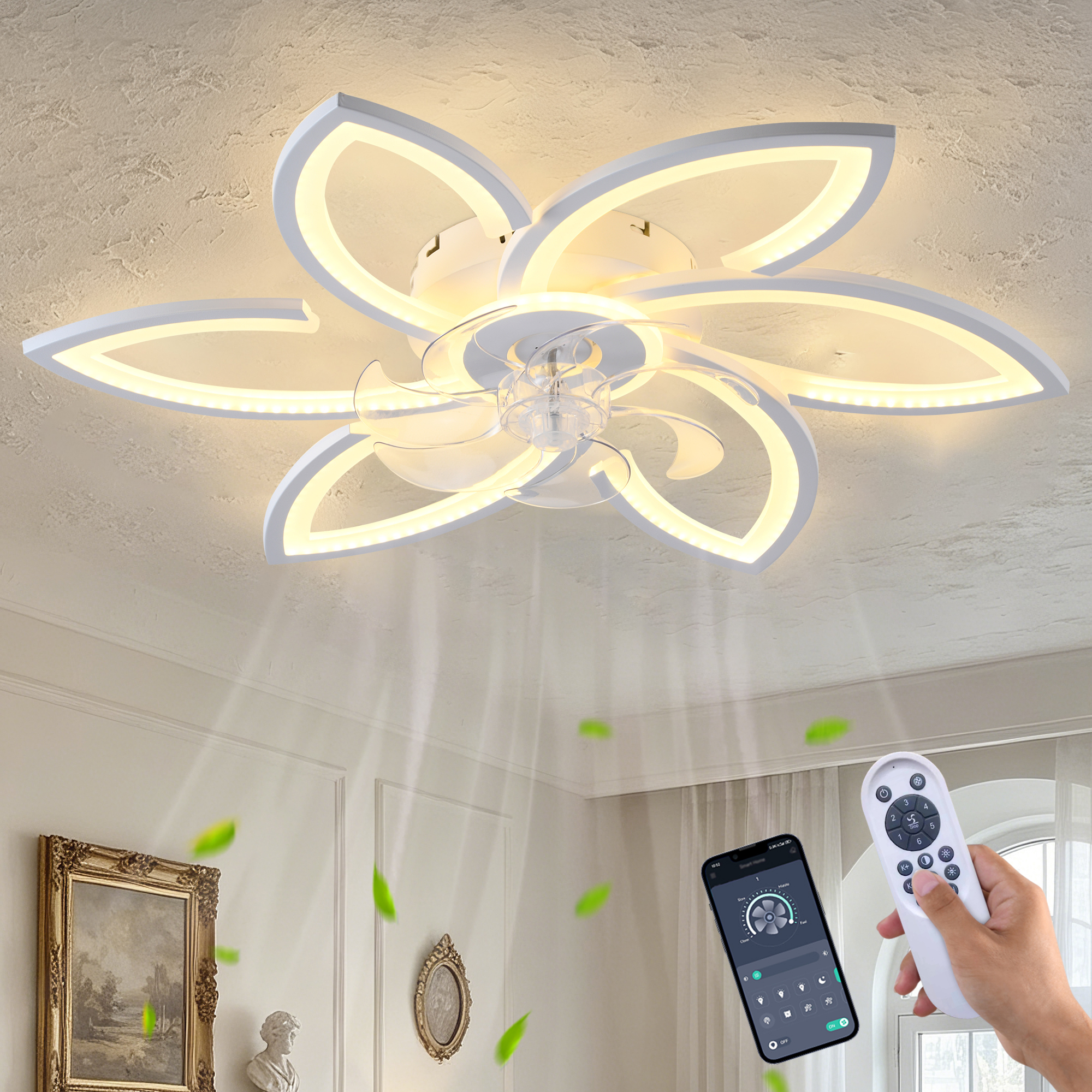 Anmytek 30 Inch White 6 Head Flower Low Profile Ceiling Fan With Lights And Remote Control For Bedroom Kitchen Living Room