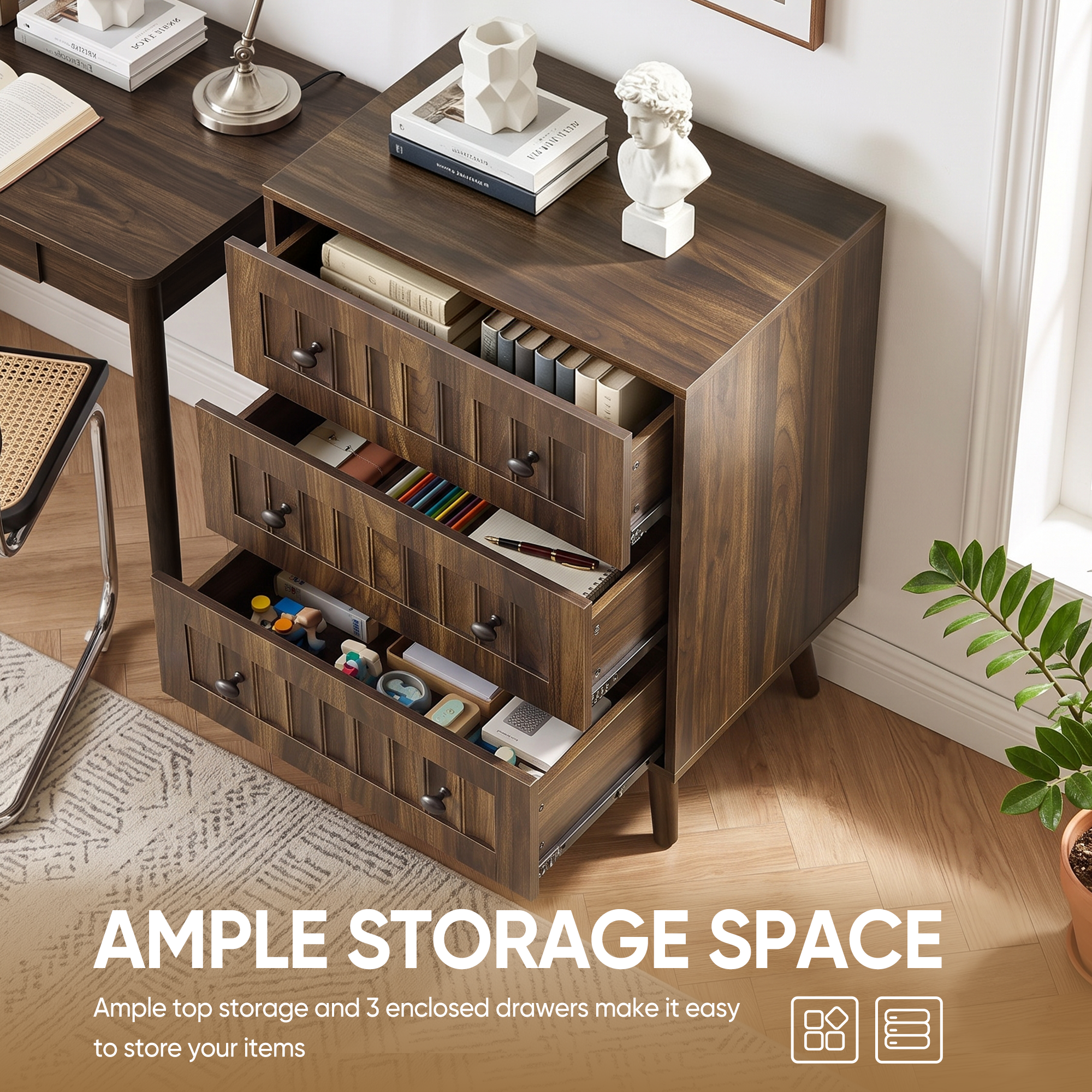 Anmytek 3 Drawer Dresser Walnut Wooden Storage Chest For Bedroom Living Room Corridor