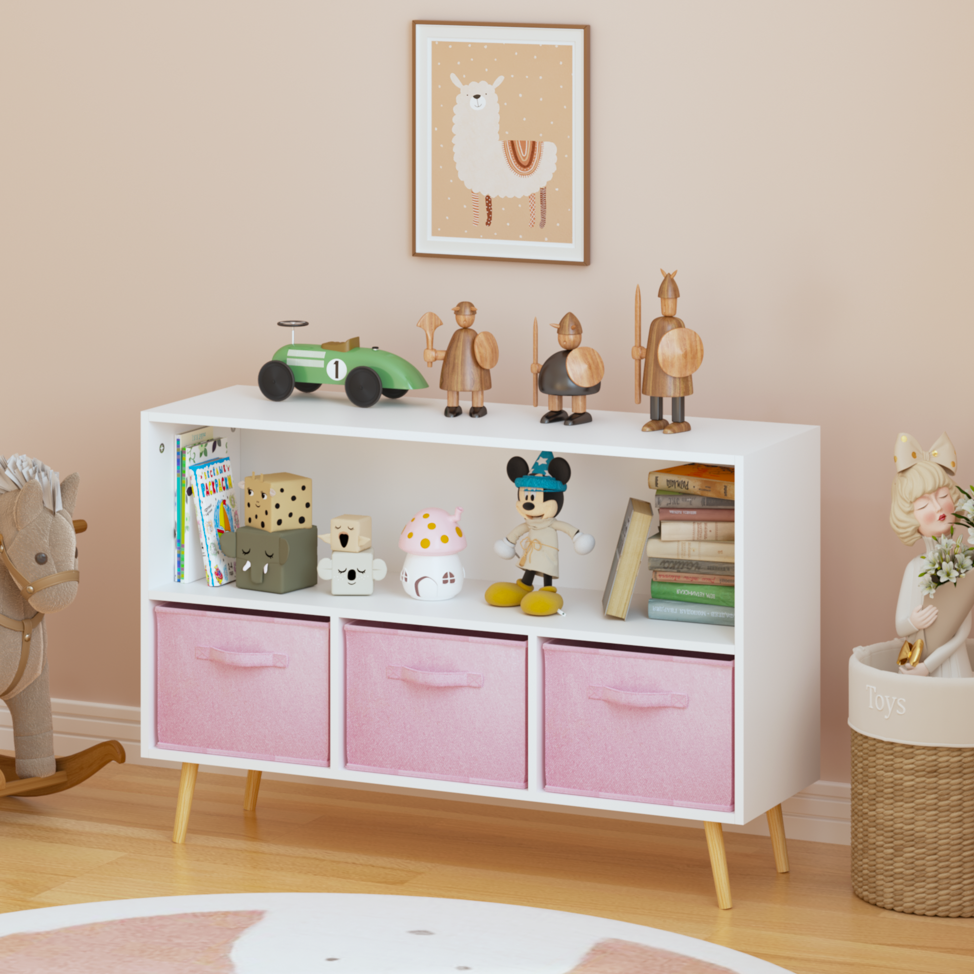 Anmytek Kids Bookcase with Collapsible Fabric Drawers Children Book Display Toy Storage Organizer White Pink