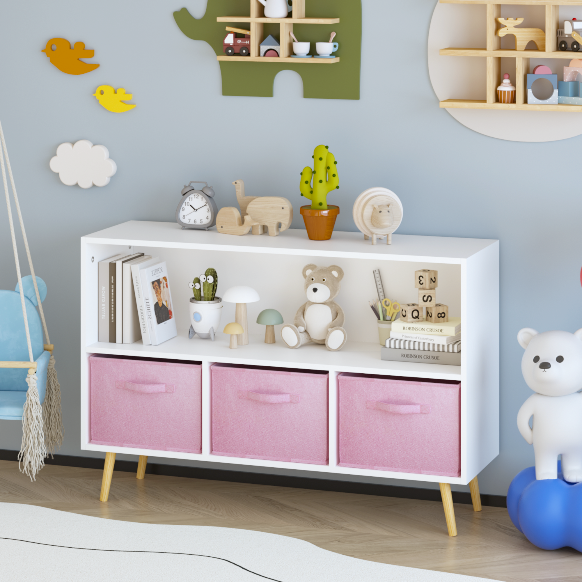 Anmytek Kids Bookcase with Collapsible Fabric Drawers Children Book Display Toy Storage Organizer White Pink