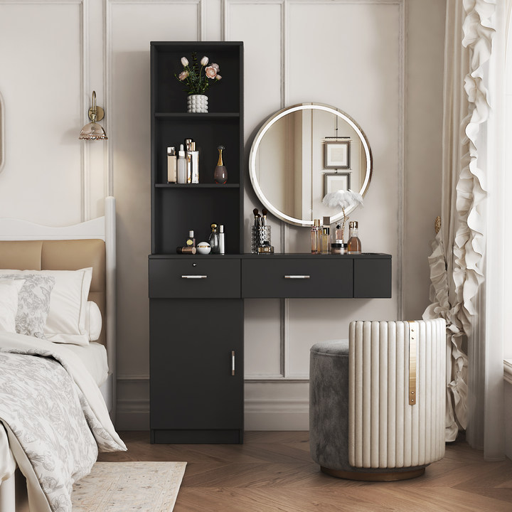 Anmytek Black Modern Simple Makeup Vanity Desk Multi Layer Storage With Large Capacity