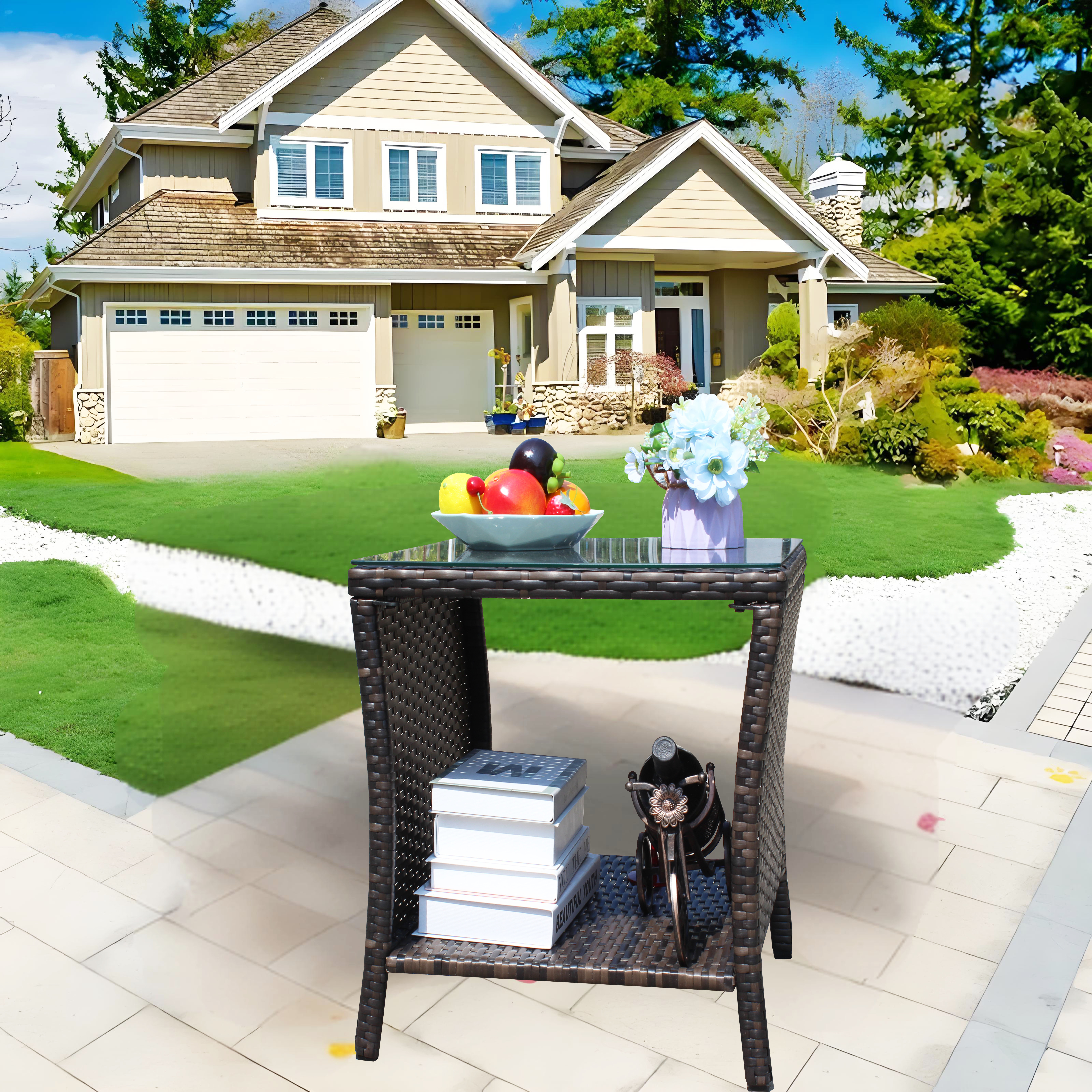 Anmytek Outdoor Patio Coffee Table Clear Tempered Glass Top Weather Resistant Side Table for Garden Balcony Deck