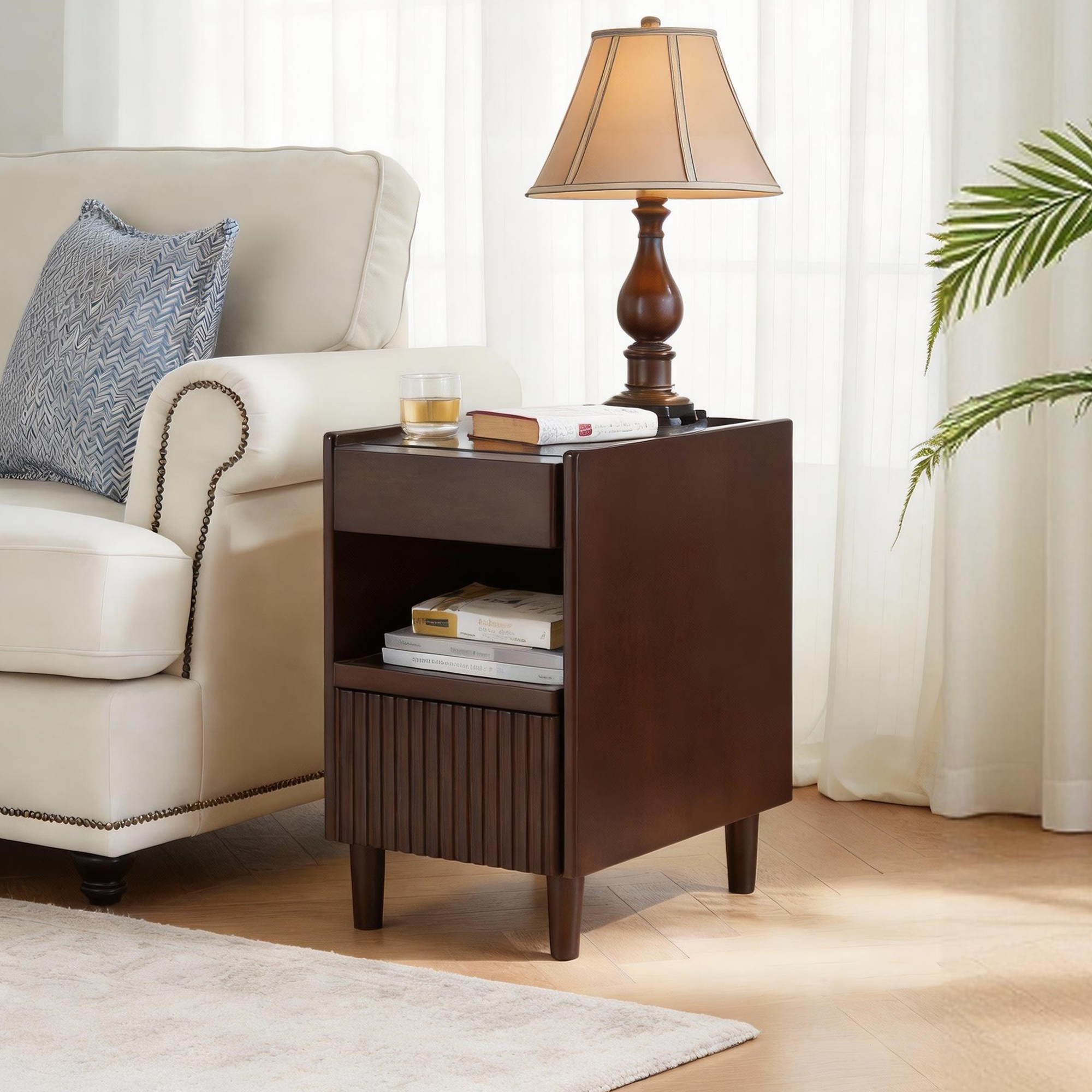 Anmytek Wooden Nightstand with 1 Drawer and Open Shelves Narrow Bedside Table Storage Side Cabinet for Bedroom Living Room