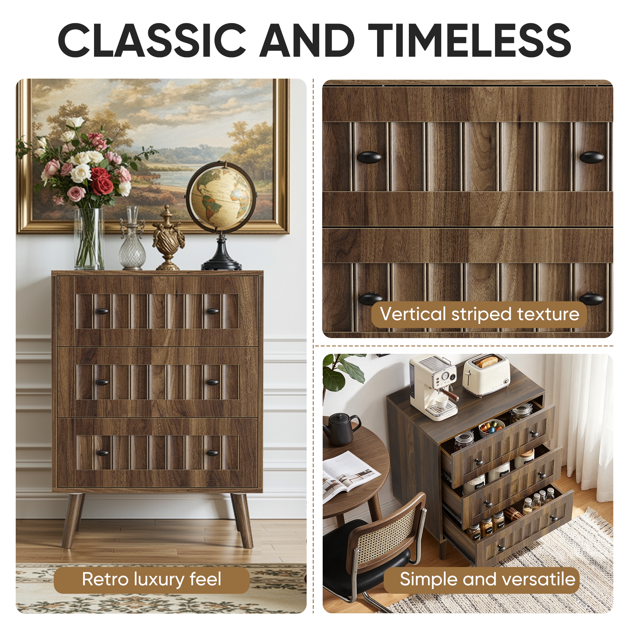 Anmytek 3 Drawer Dresser Walnut Wooden Storage Chest For Bedroom Living Room Corridor