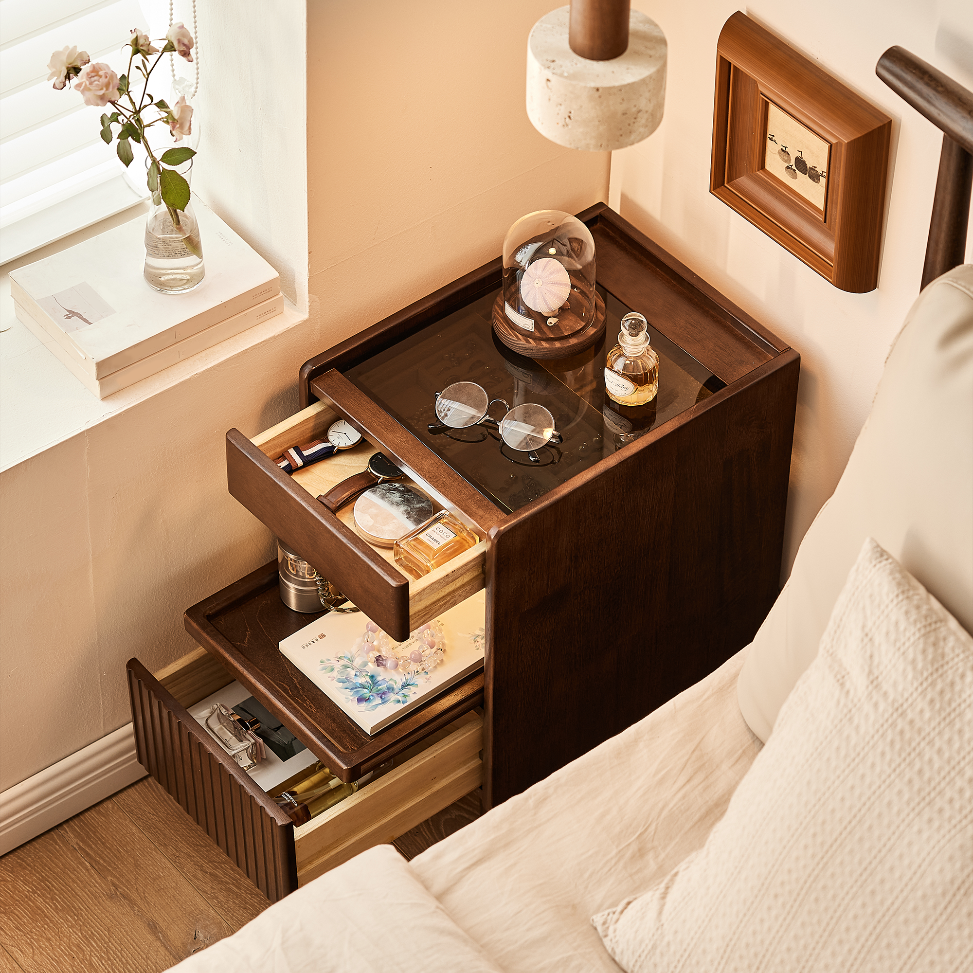 Anmytek Wooden Nightstand with 1 Drawer and Open Shelves Narrow Bedside Table Storage Side Cabinet for Bedroom Living Room