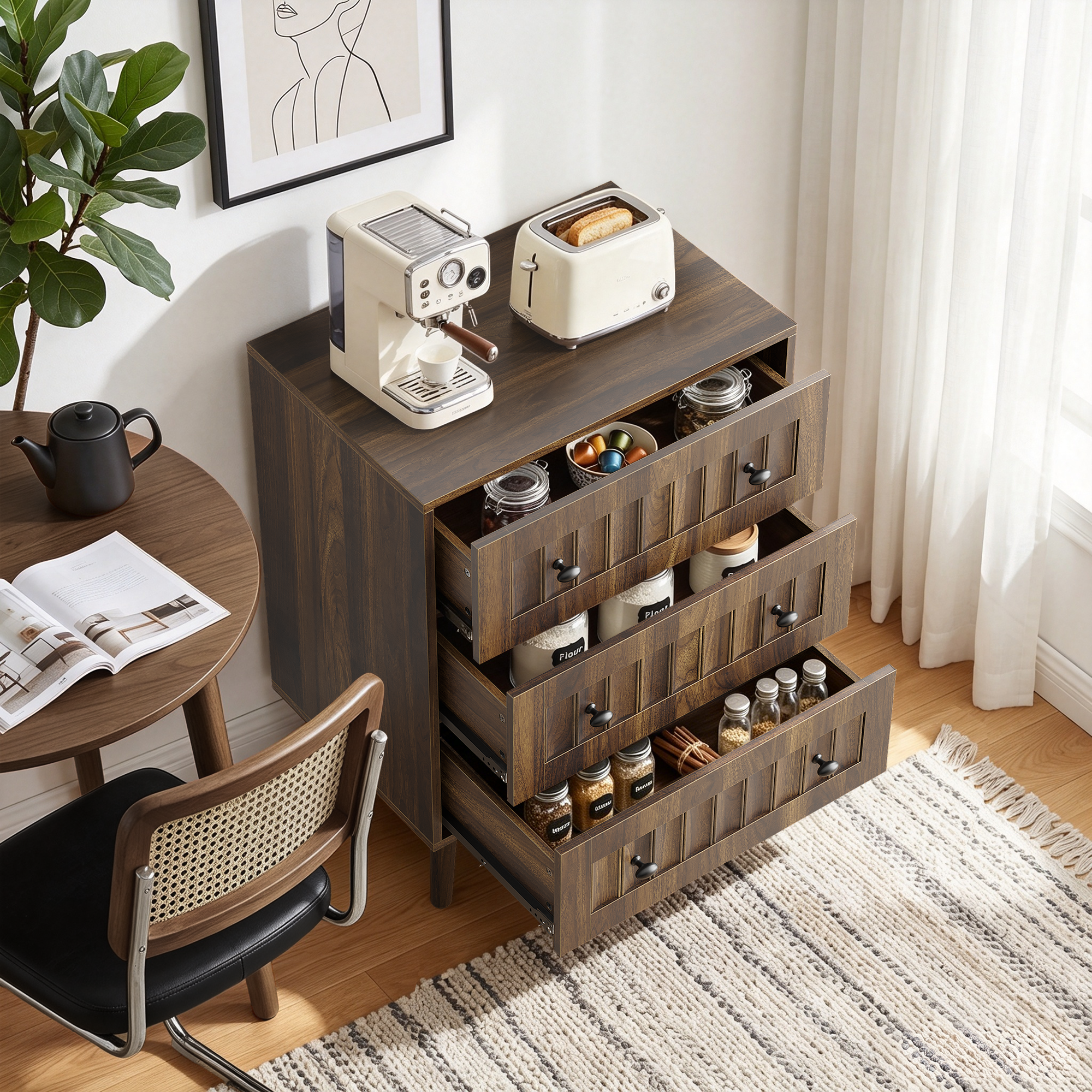 Anmytek 3 Drawer Dresser Walnut Wooden Storage Chest For Bedroom Living Room Corridor
