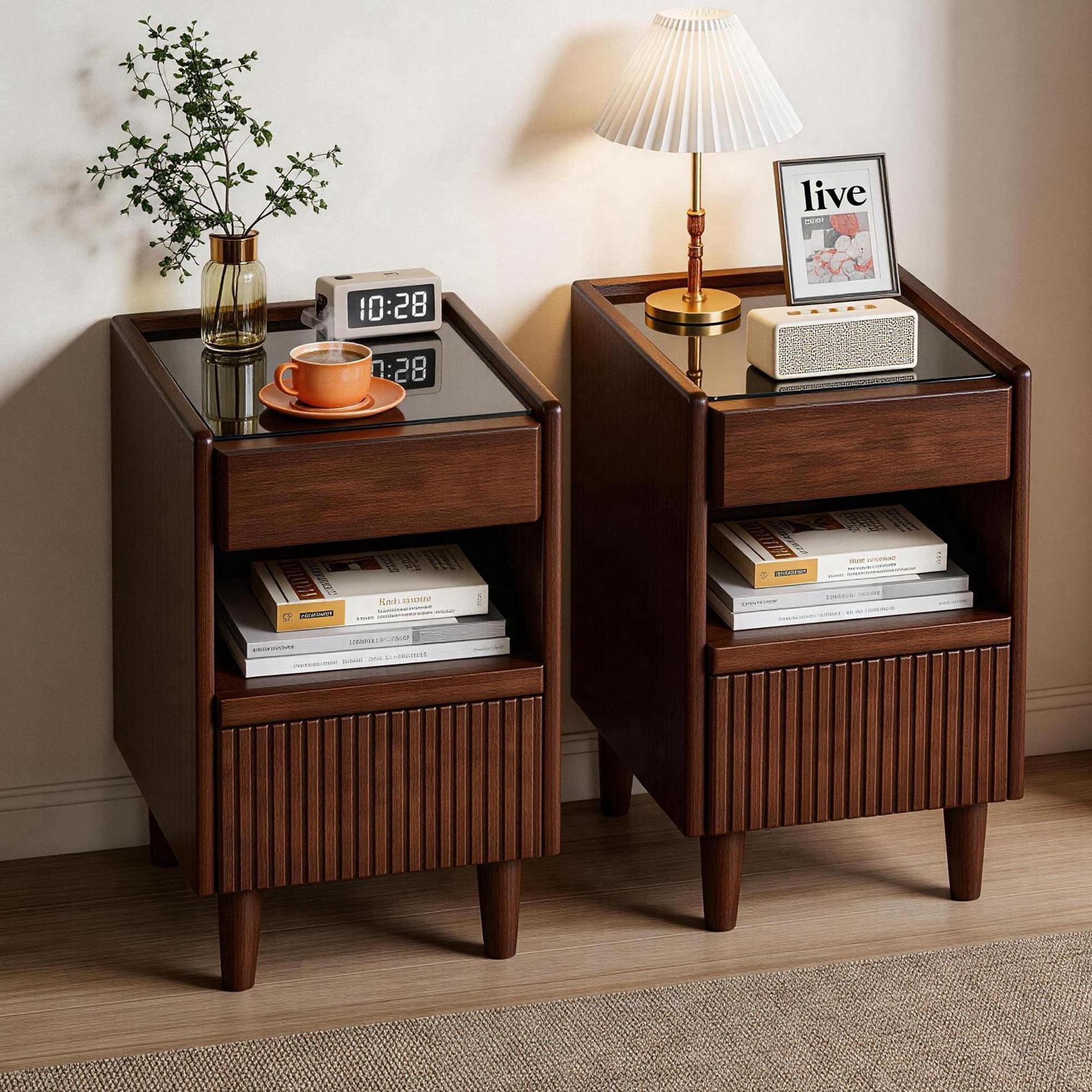 Anmytek Wooden Nightstand with 1 Drawer and Open Shelves Narrow Bedside Table Storage Side Cabinet for Bedroom Living Room