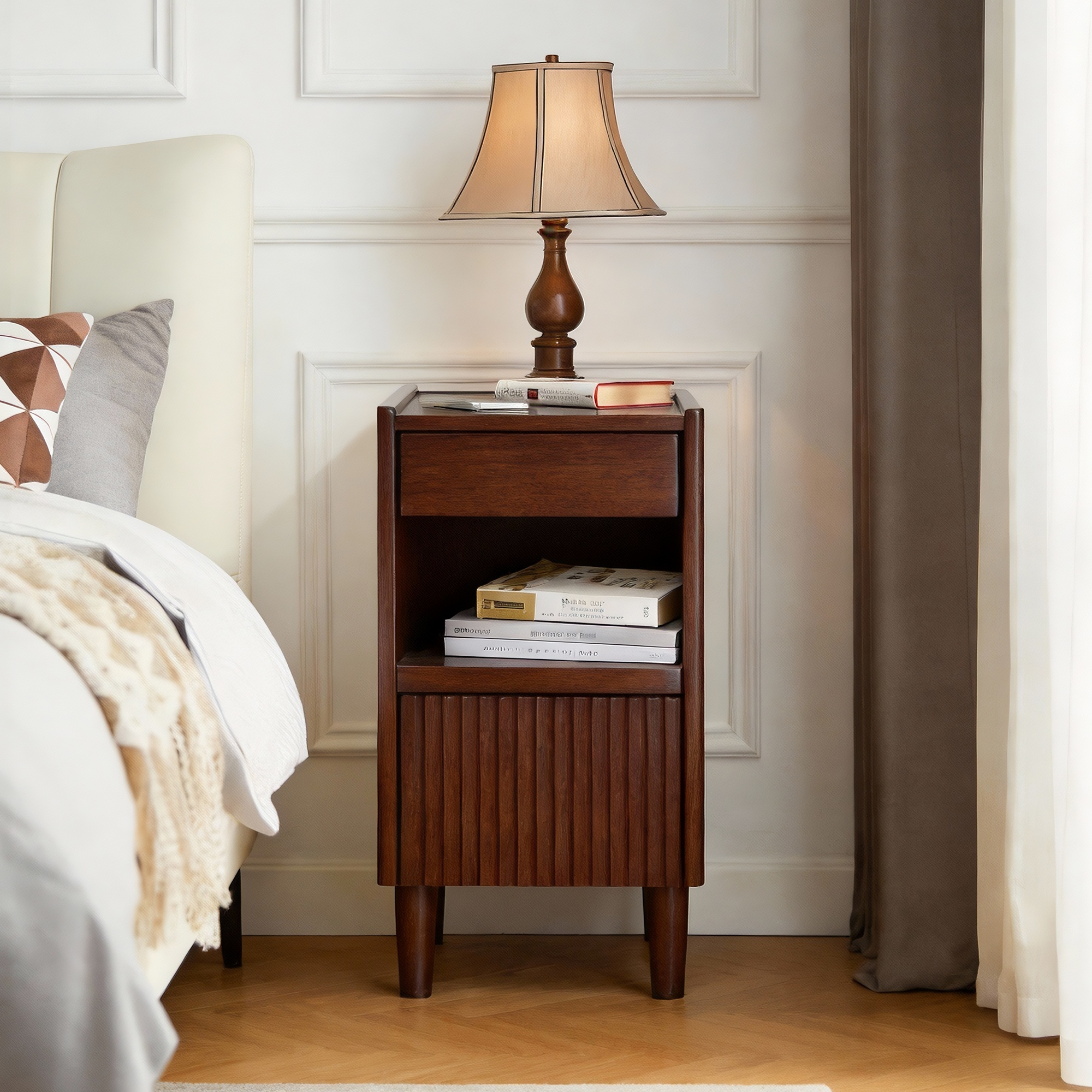 Anmytek Wooden Nightstand with 1 Drawer and Open Shelves Narrow Bedside Table Storage Side Cabinet for Bedroom Living Room